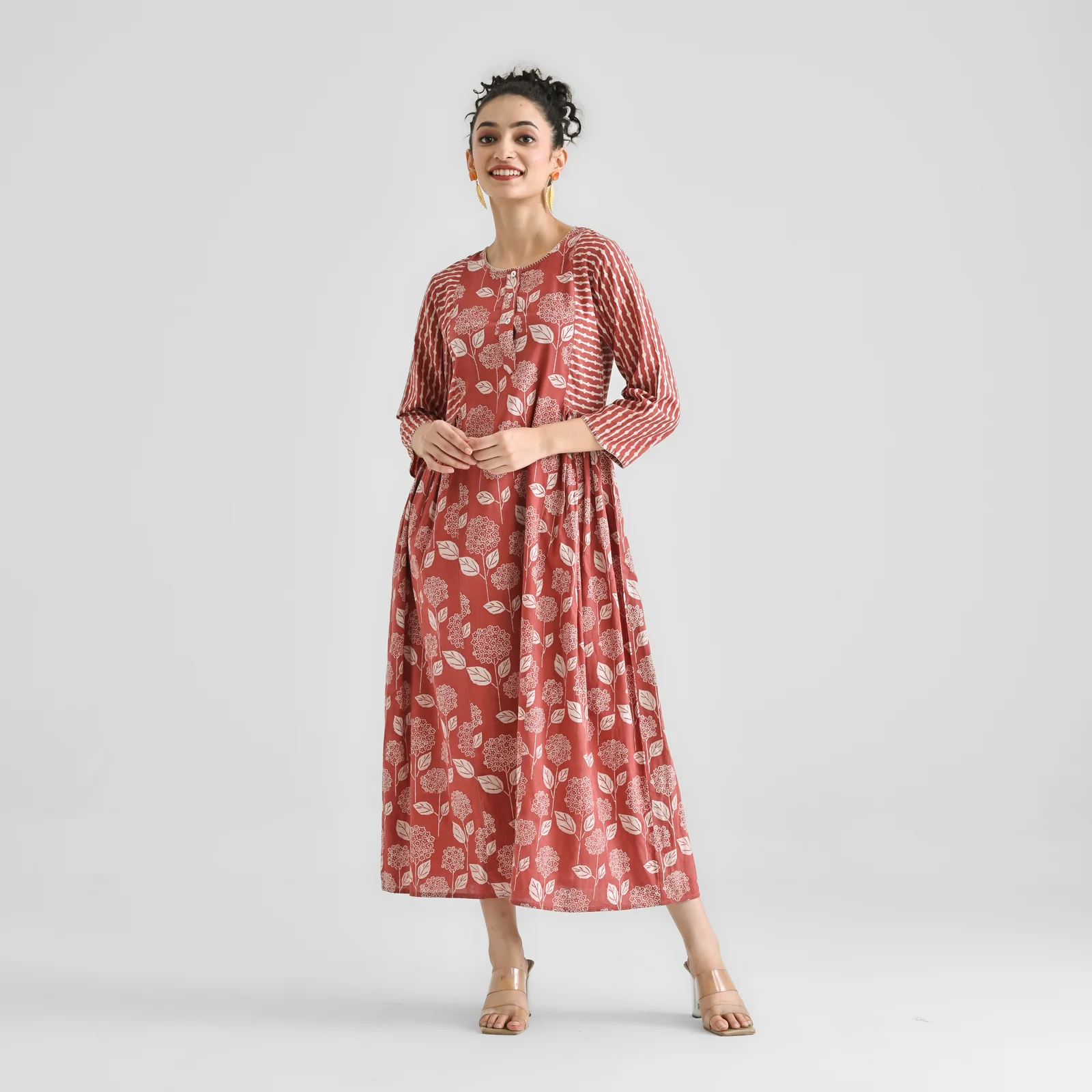 Brick Red Floral & Striped Dabu Inspired Cotton Dress with Side Gathers - Image 3