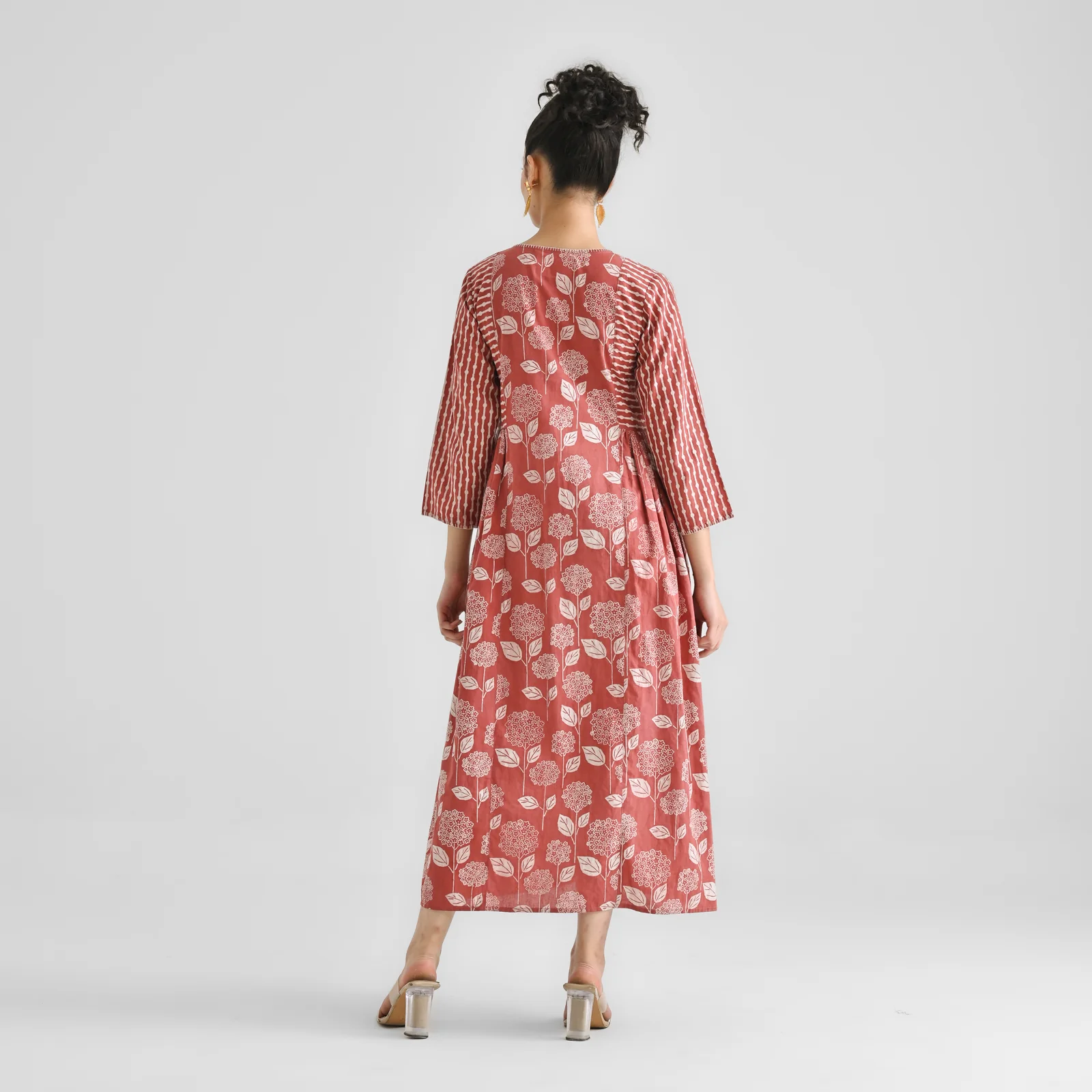 Brick Red Floral & Striped Dabu Inspired Cotton Dress with Side Gathers - Image 4