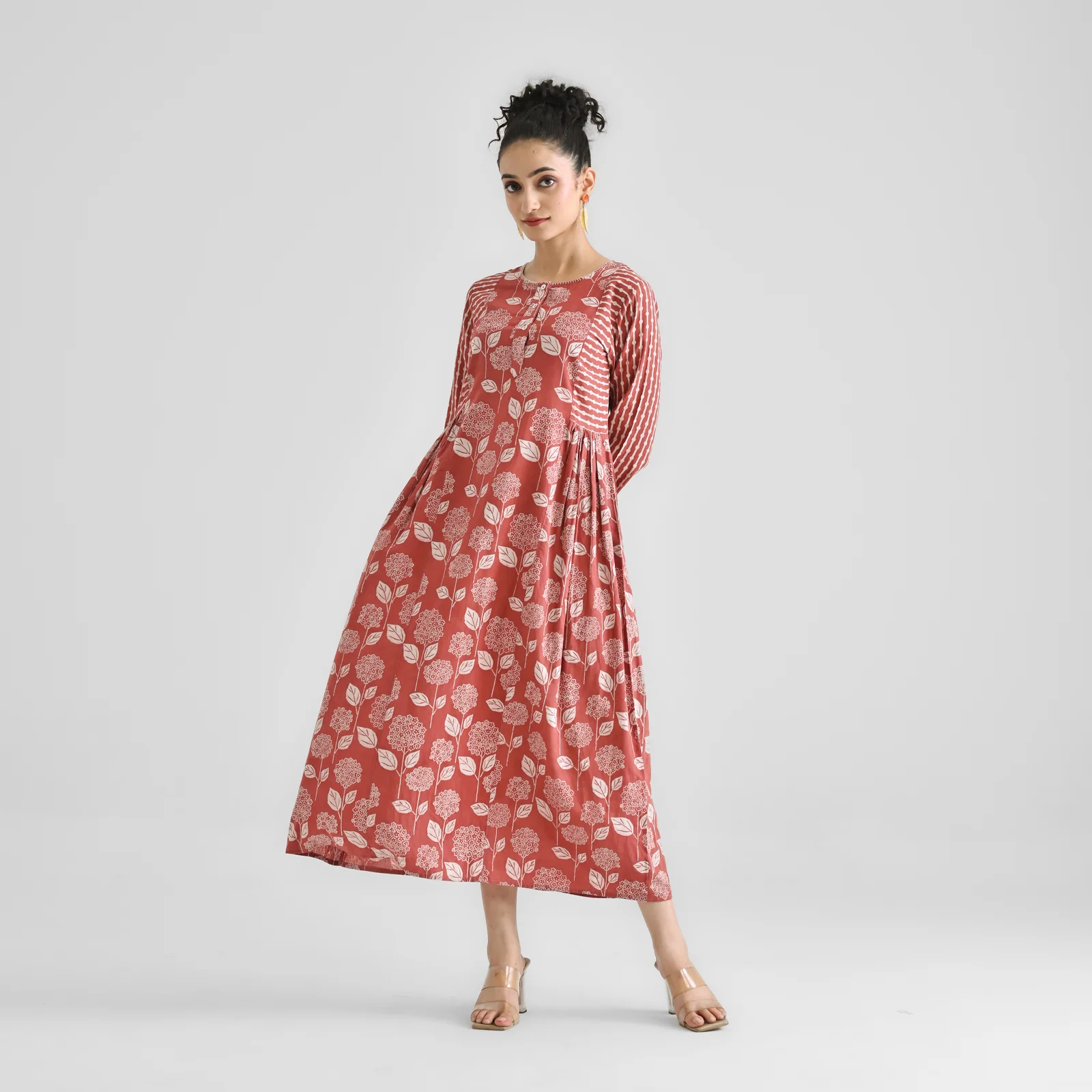 Brick Red Floral & Striped Dabu Inspired Cotton Dress with Side Gathers - Image 5