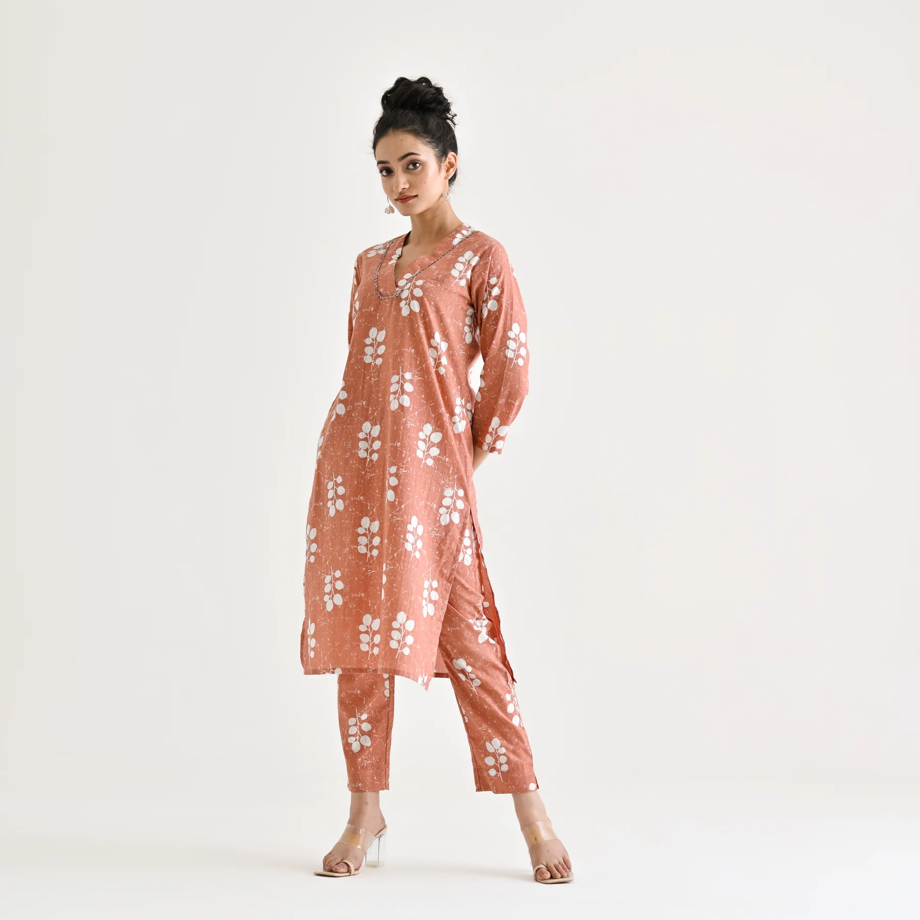 Brown Buta Printed Cotton Co-ord Set with Embroidered Neckline Detail - Image 2