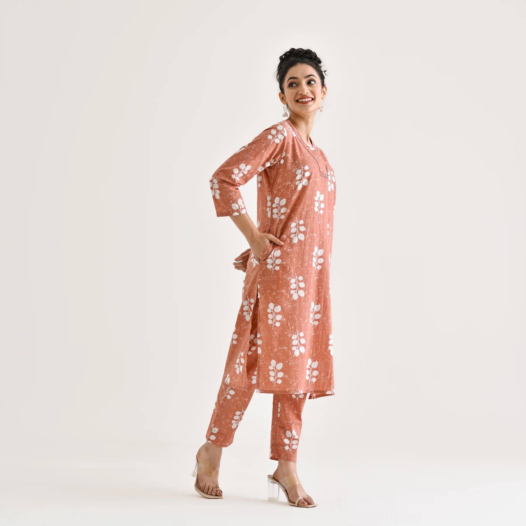 Brown Buta Printed Cotton Co-ord Set with Embroidered Neckline Detail - Image 5