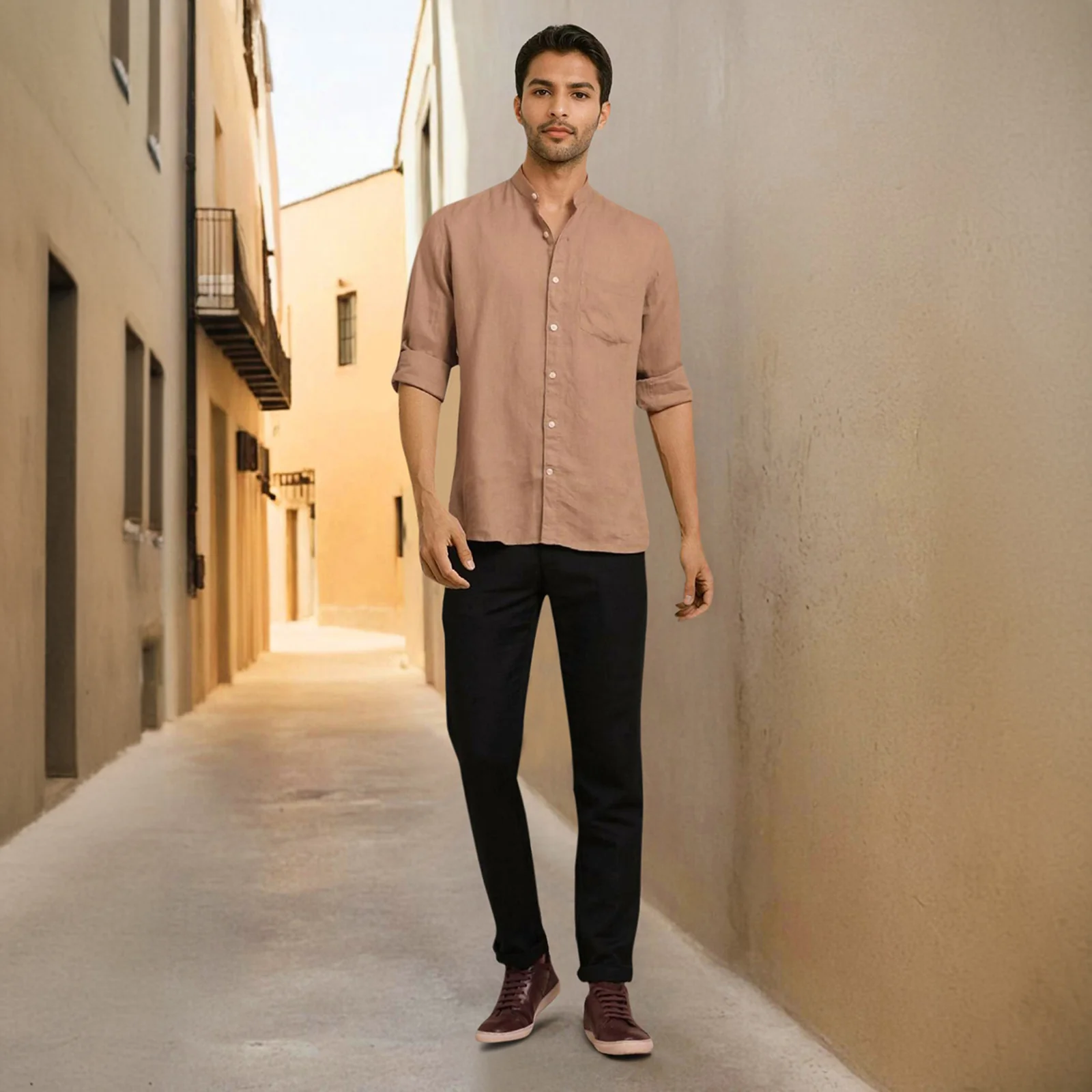 Brown Mandarin Collar Solid Linen Cotton Shirt for Men - Image 2