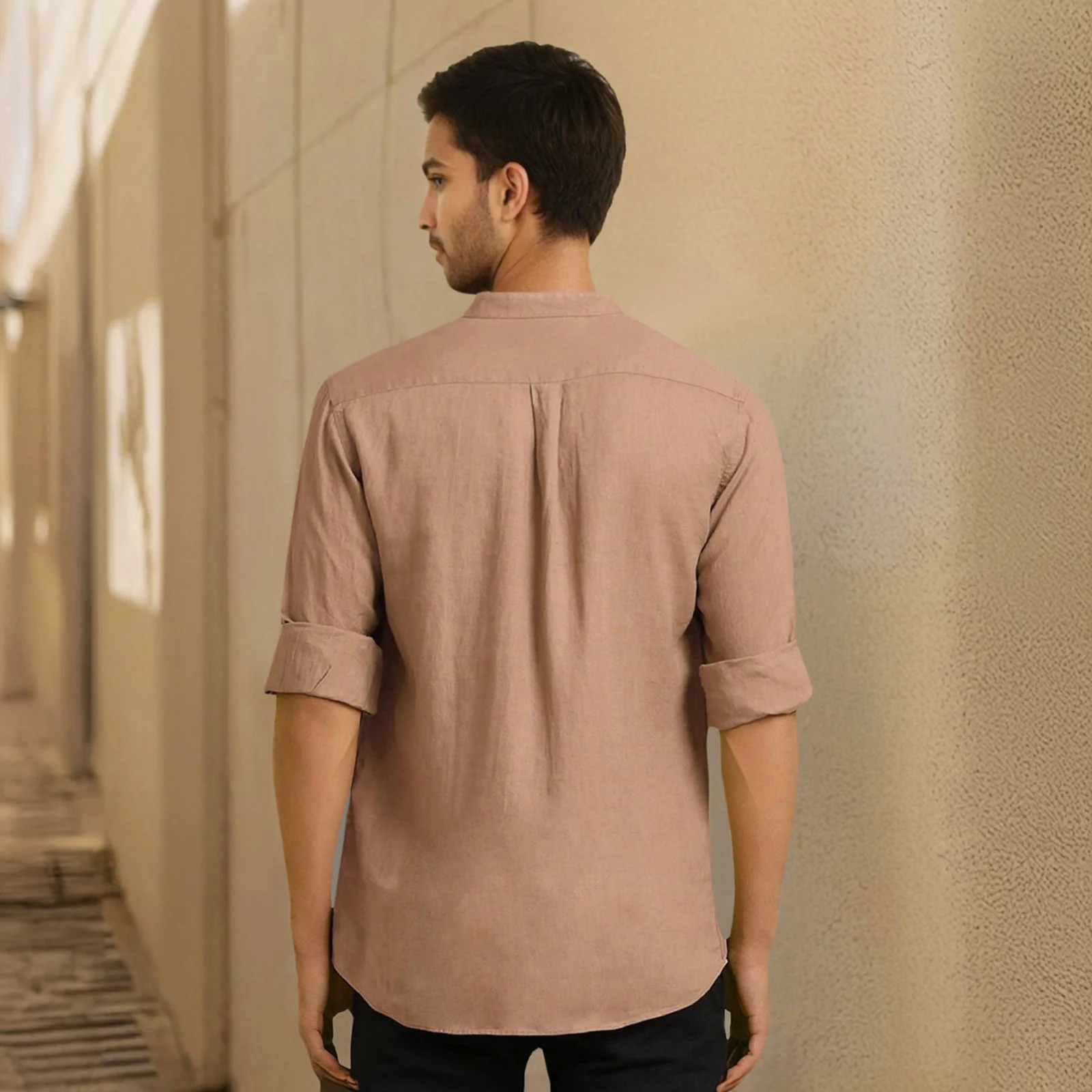 Brown Mandarin Collar Solid Linen Cotton Shirt for Men - Image 3