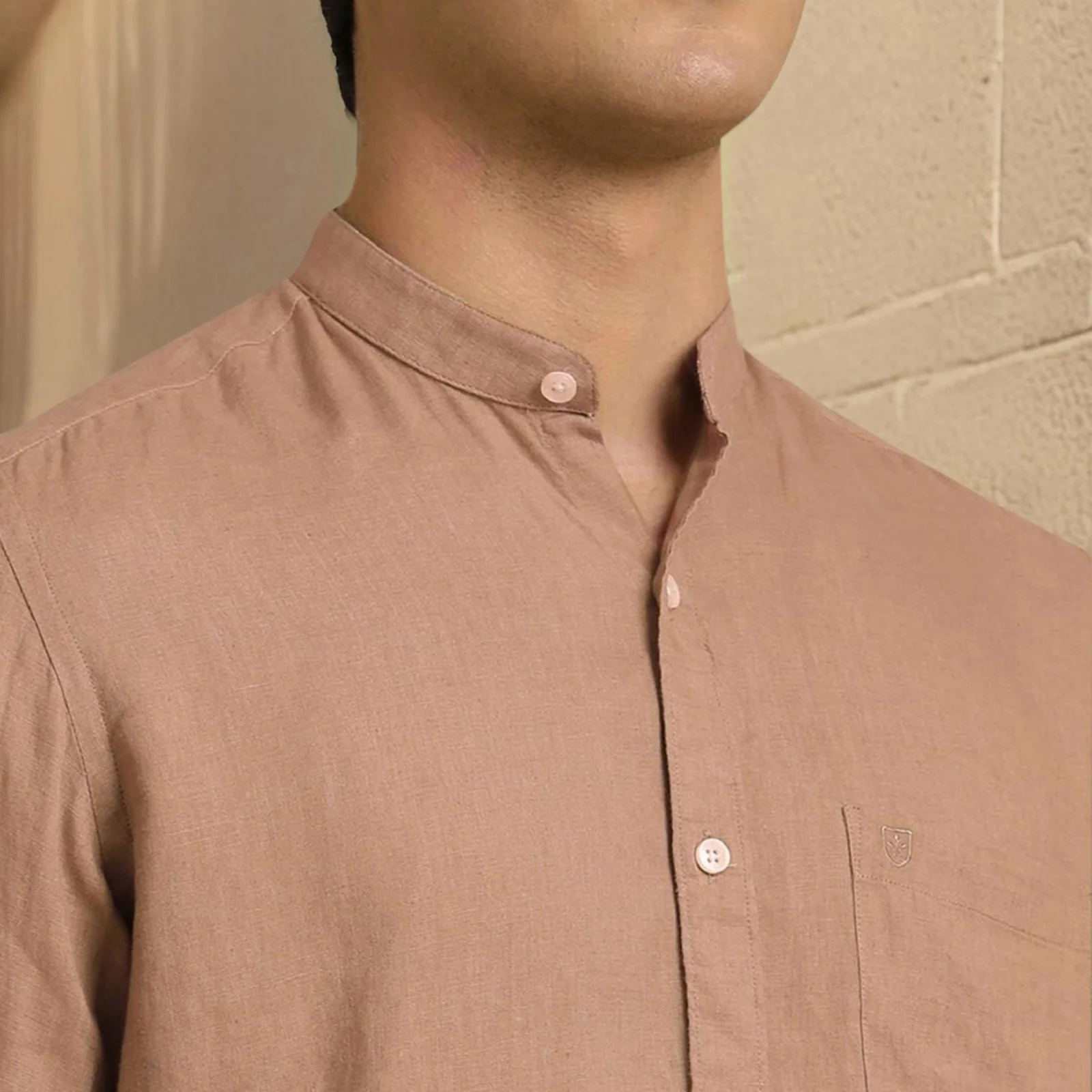 Brown Mandarin Collar Solid Linen Cotton Shirt for Men - Image 4