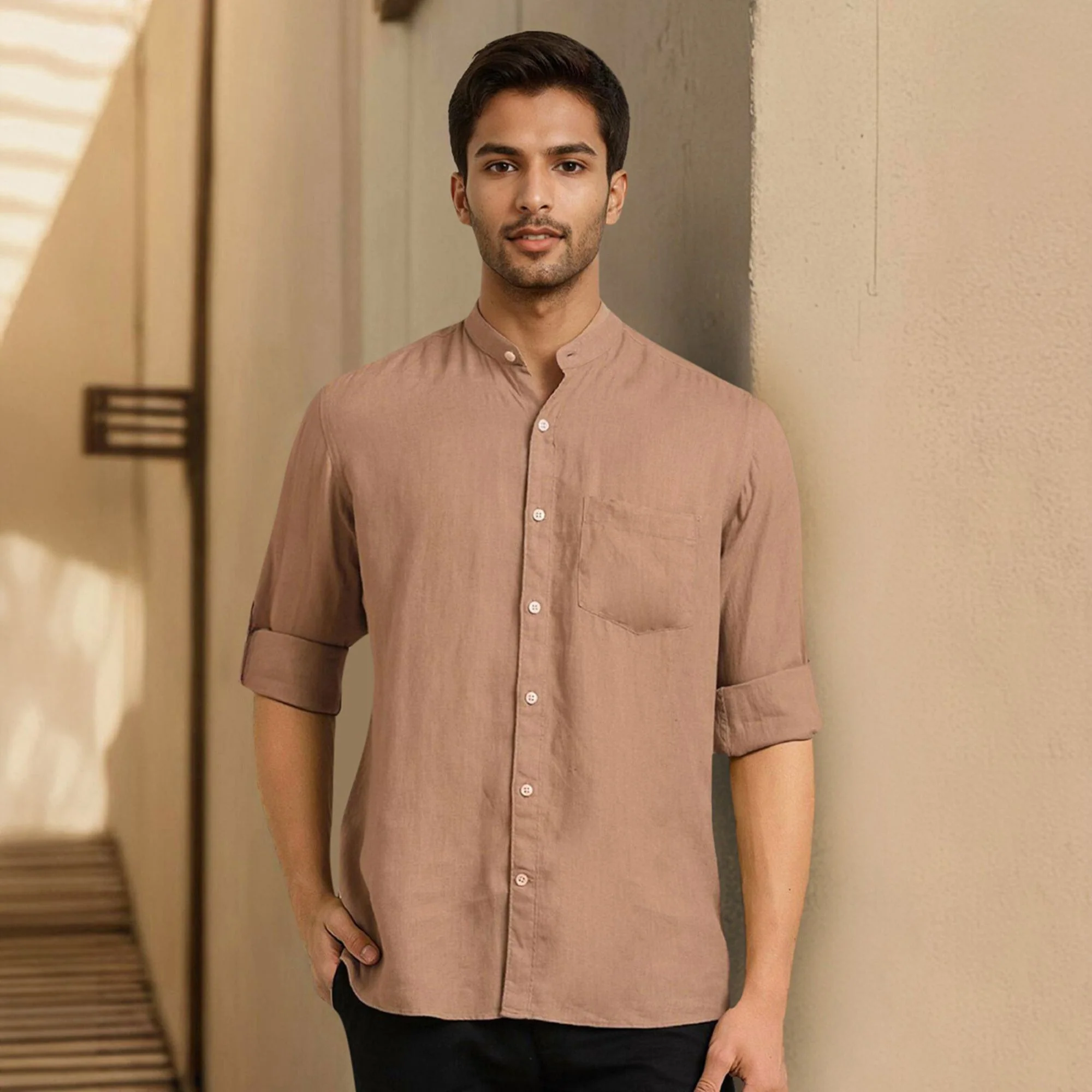 Brown Mandarin Collar Solid Linen Cotton Shirt for Men - Image 5