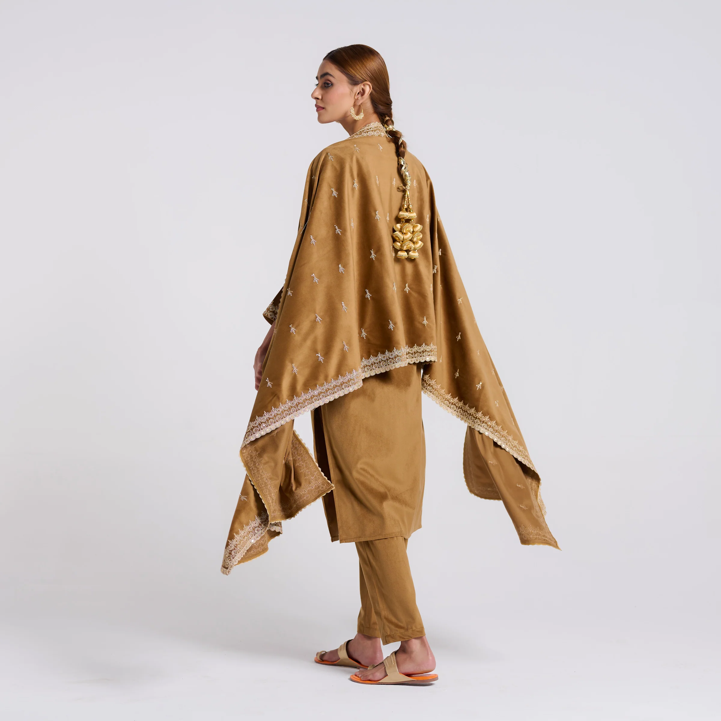 Brown Ochre Embroidered Gulzaar Velvet Set with Dupatta - Image 6