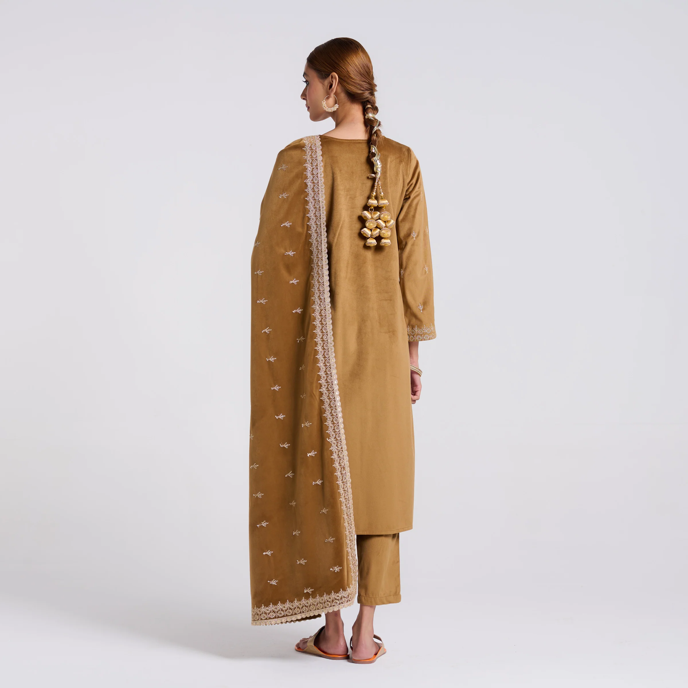 Brown Ochre Embroidered Gulzaar Velvet Set with Dupatta - Image 7