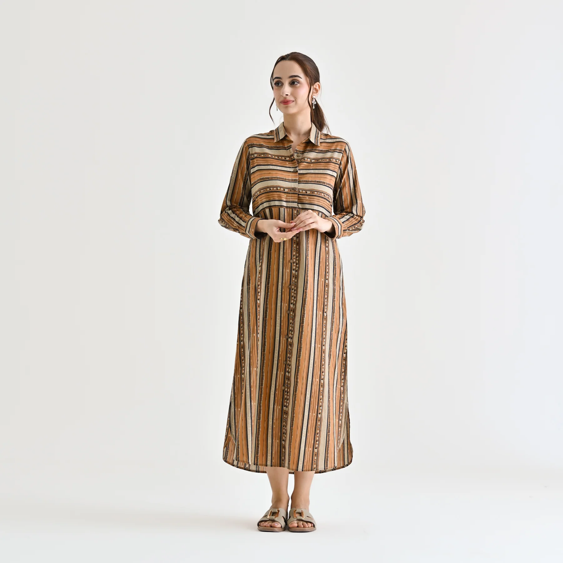 Brown Sanganeri Printed Cotton Kurta Dress - Image 4