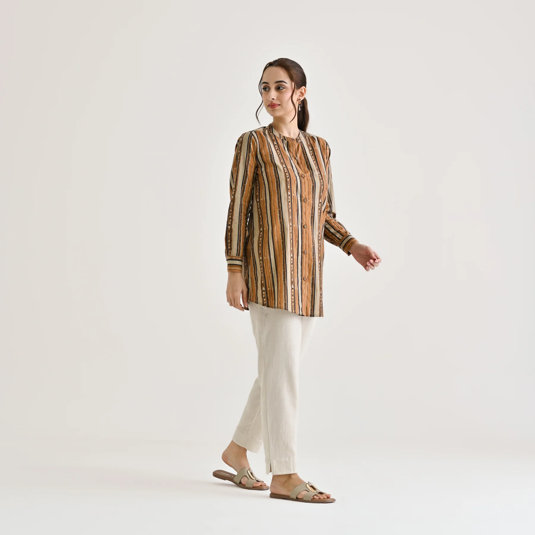 Brown Striped Sanganeri Button Down Cotton Tunic - Image 3