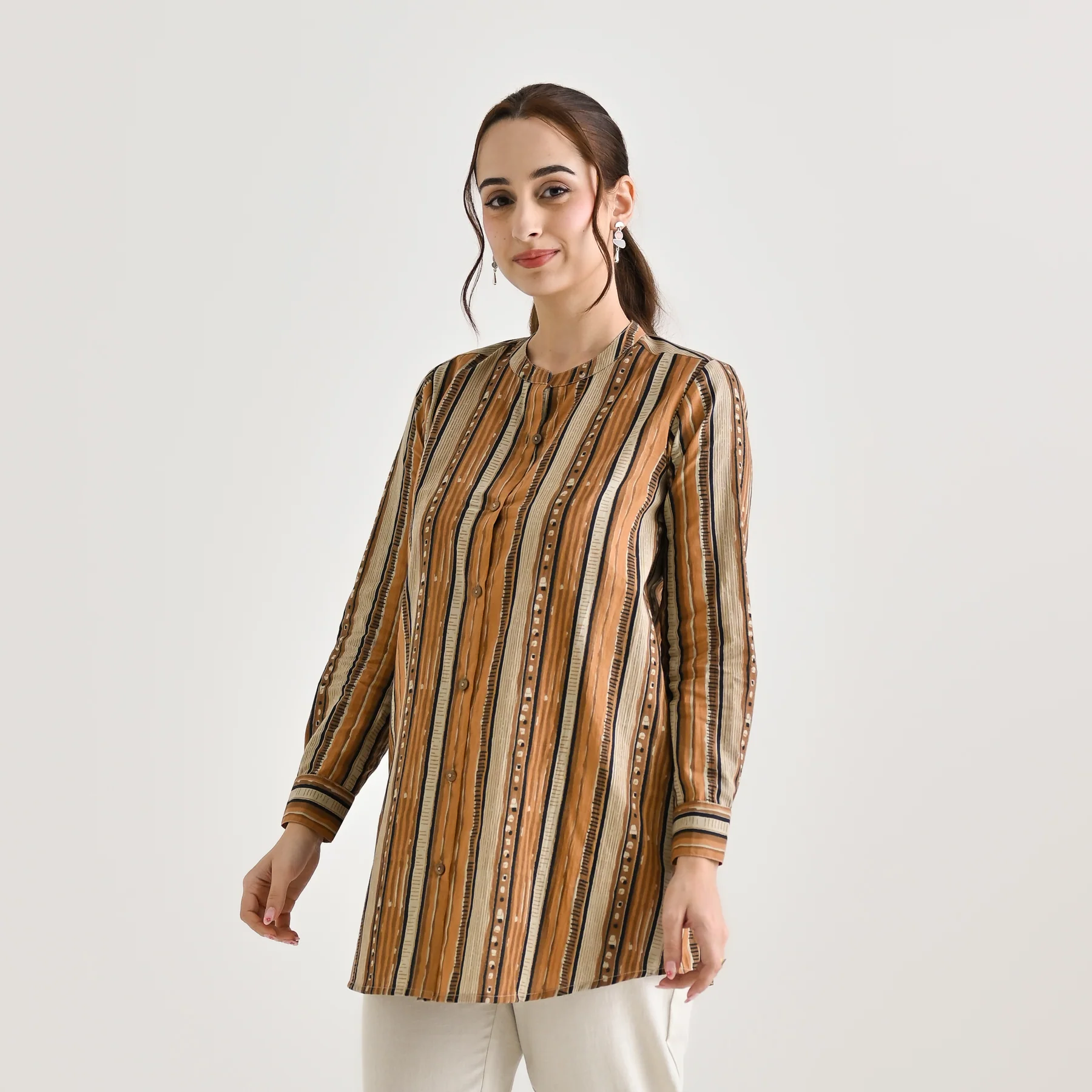 Brown Striped Sanganeri Button Down Cotton Tunic - Image 4