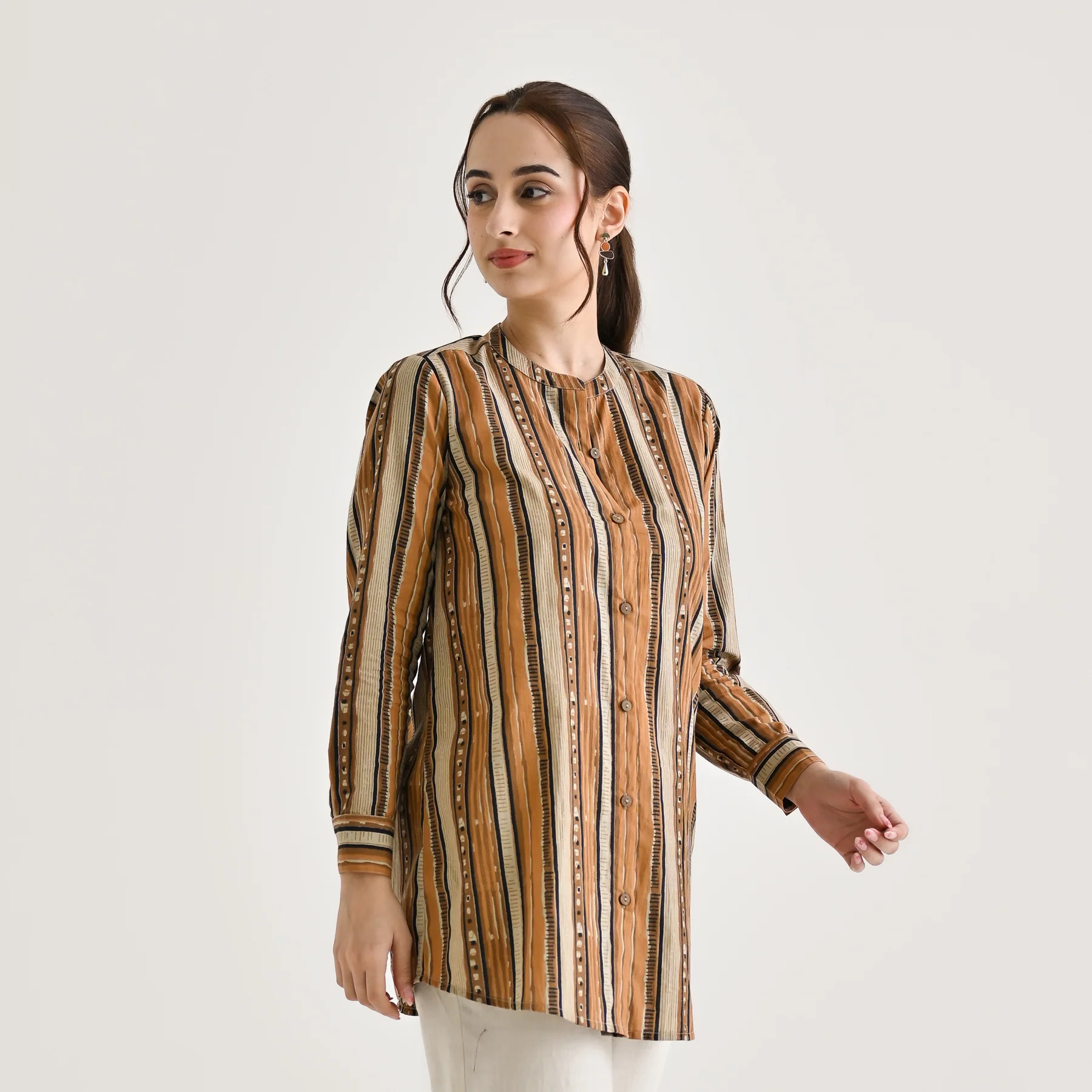 Brown Striped Sanganeri Button Down Cotton Tunic - Image 5