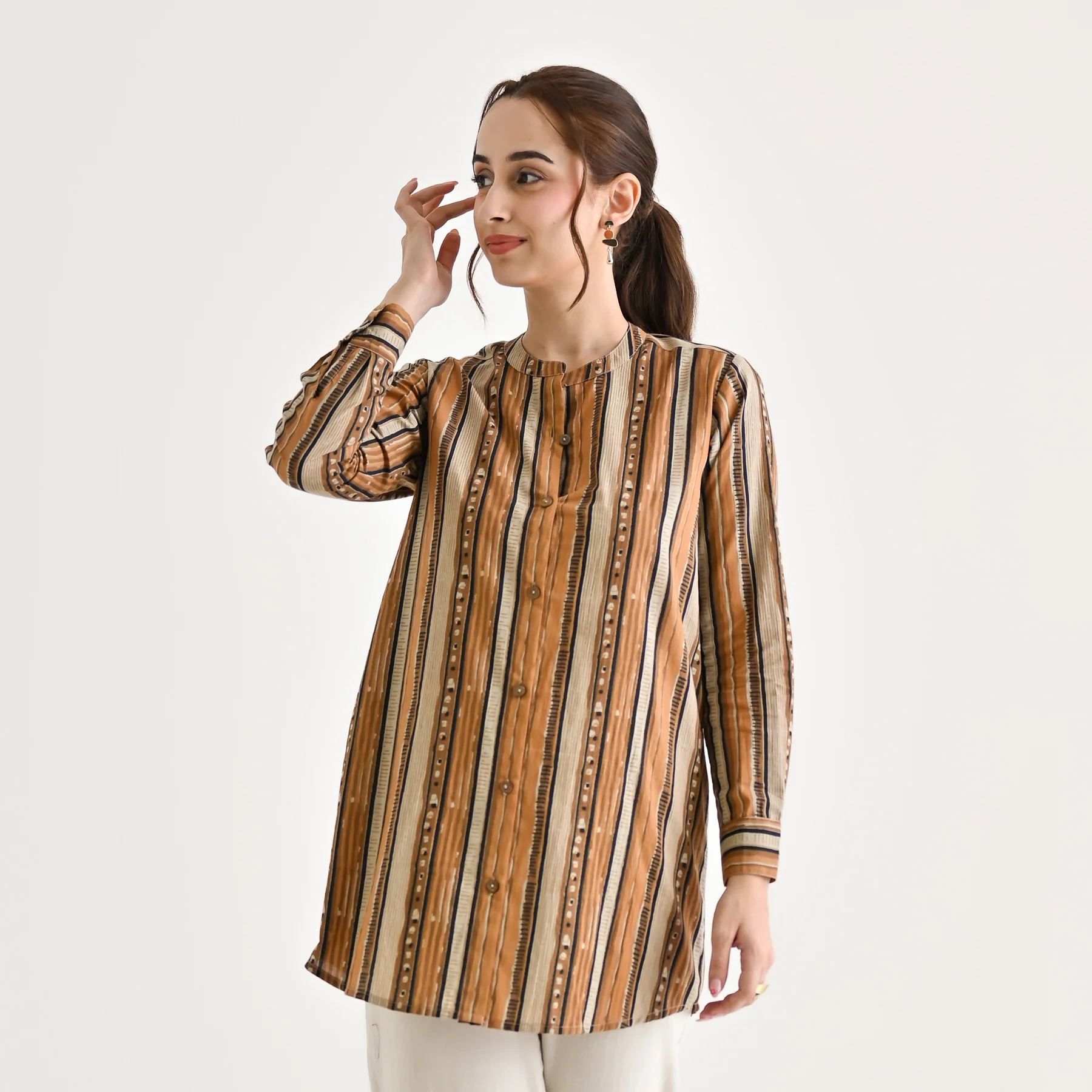 Brown Striped Sanganeri Button Down Cotton Tunic - Image 6