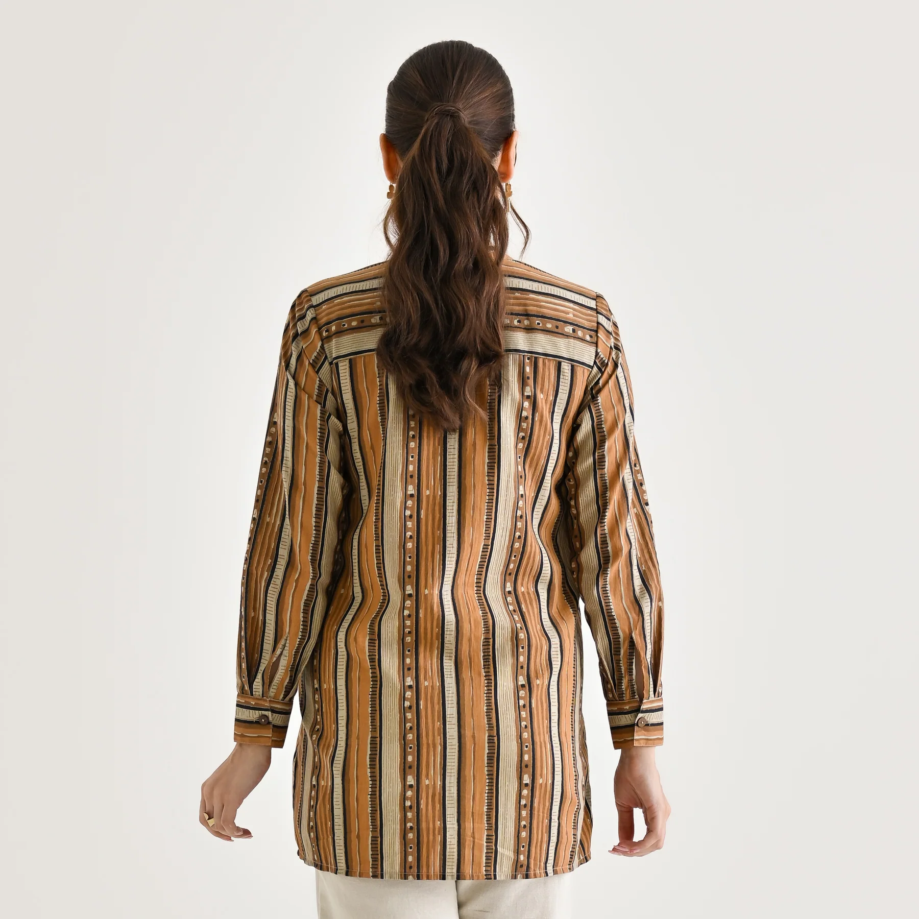 Brown Striped Sanganeri Button Down Cotton Tunic - Image 7