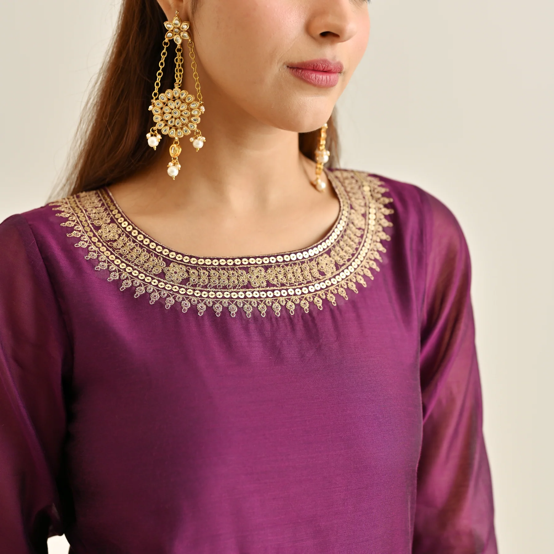 Burgundy Festive Embroidered Kurta Set with Printed Dupatta & Round Yoke Detail - Image 3
