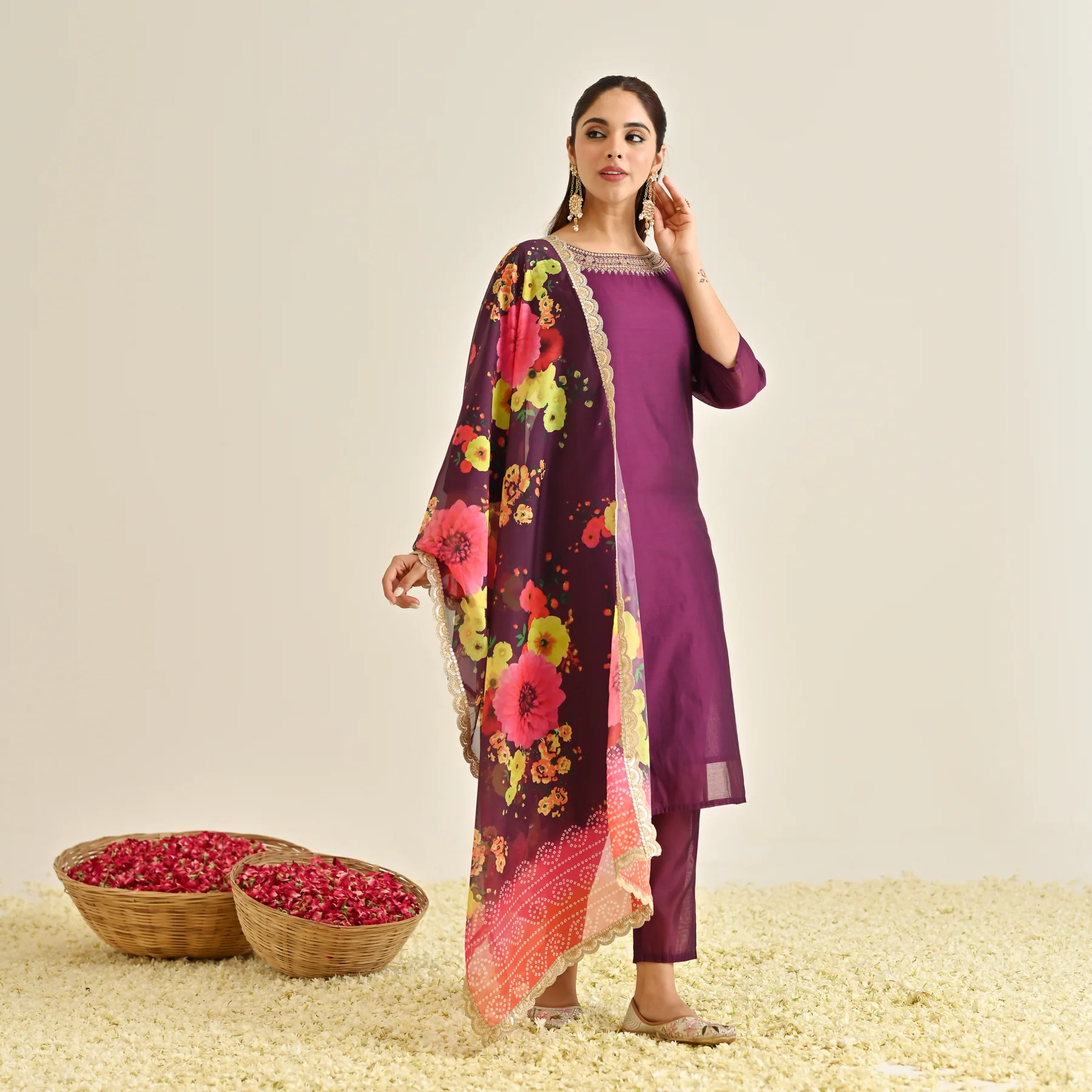 Burgundy Festive Embroidered Kurta Set with Printed Dupatta & Round Yoke Detail - Image 4