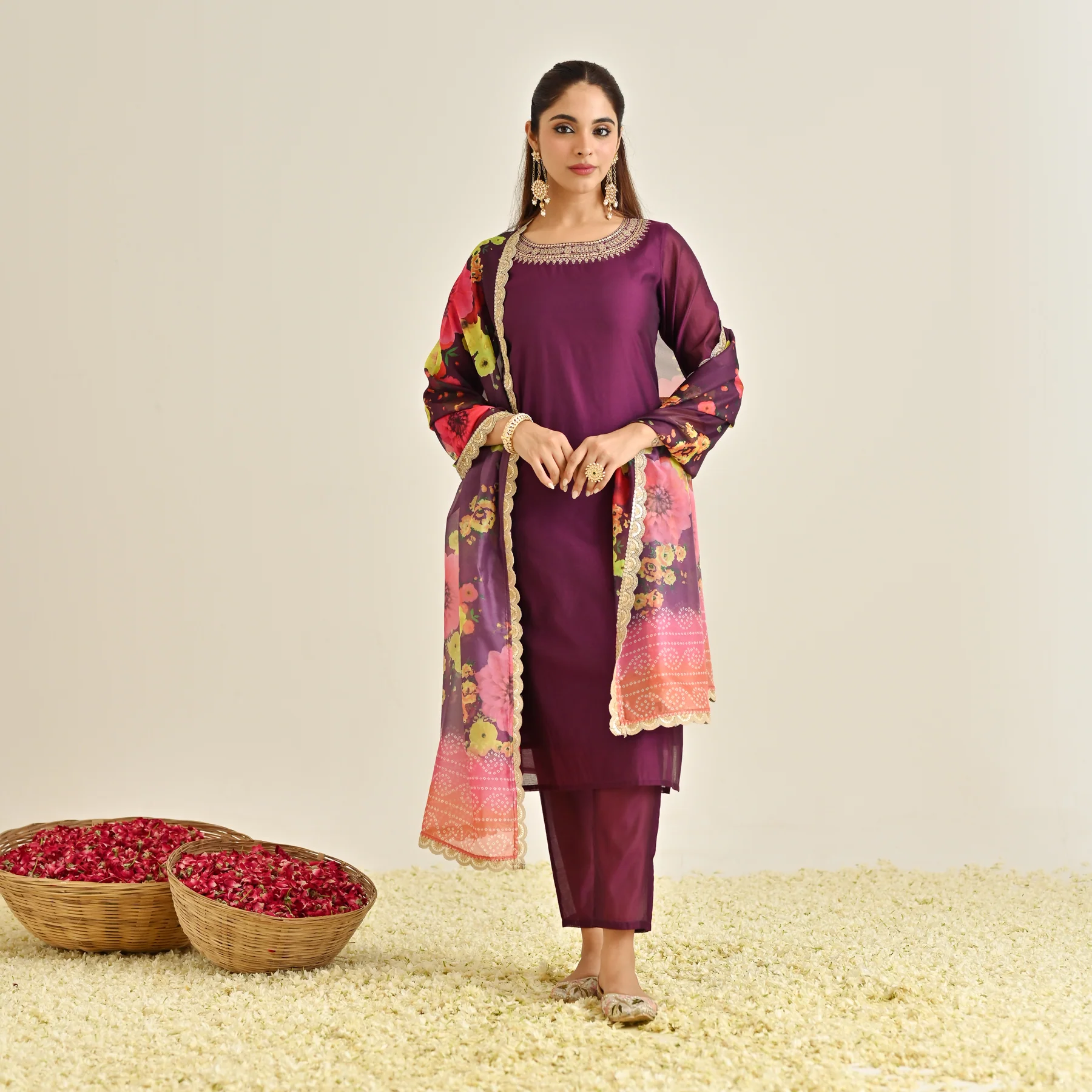 Burgundy Festive Embroidered Kurta Set with Printed Dupatta & Round Yoke Detail - Image 5