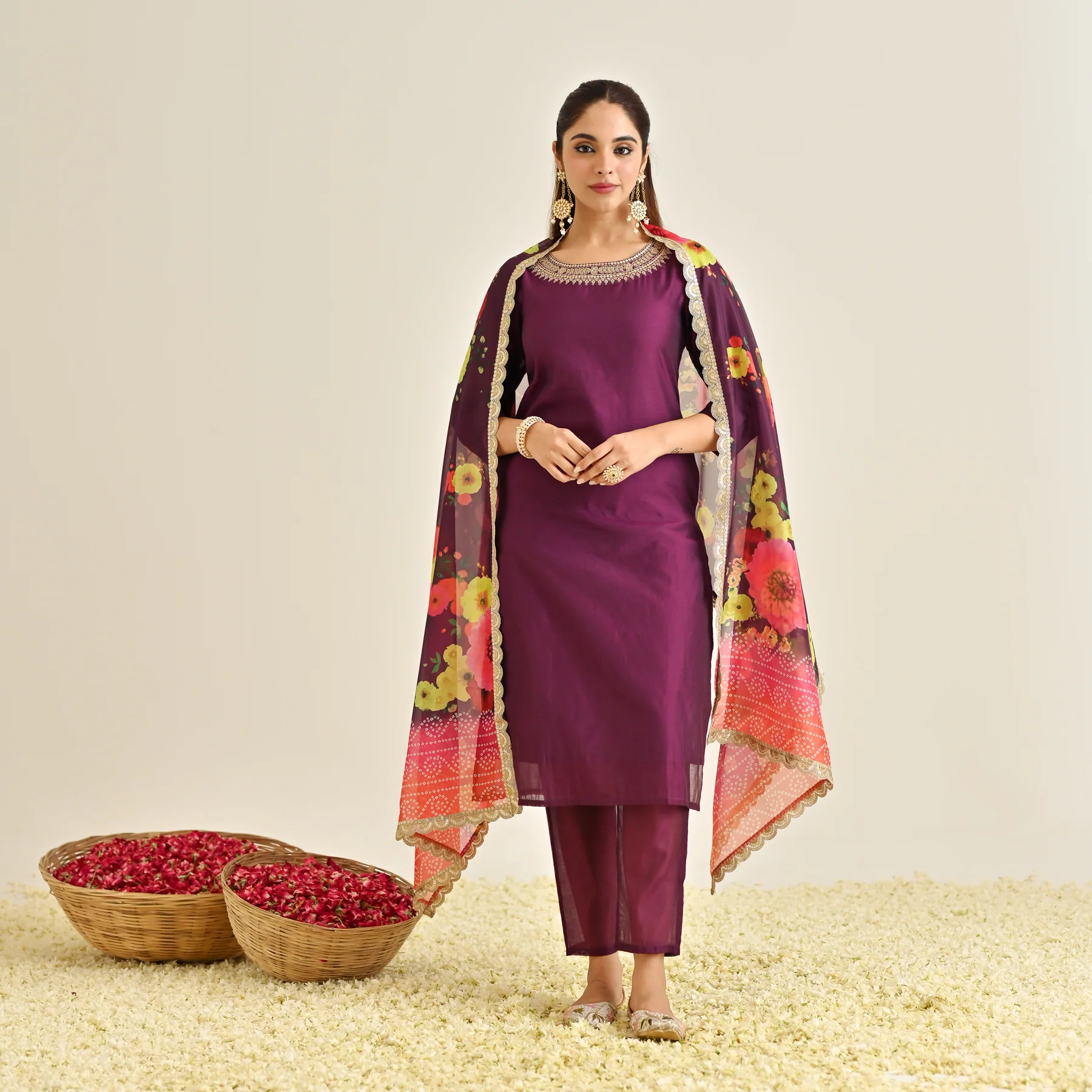 Burgundy Festive Embroidered Kurta Set with Printed Dupatta & Round Yoke Detail - Image 6