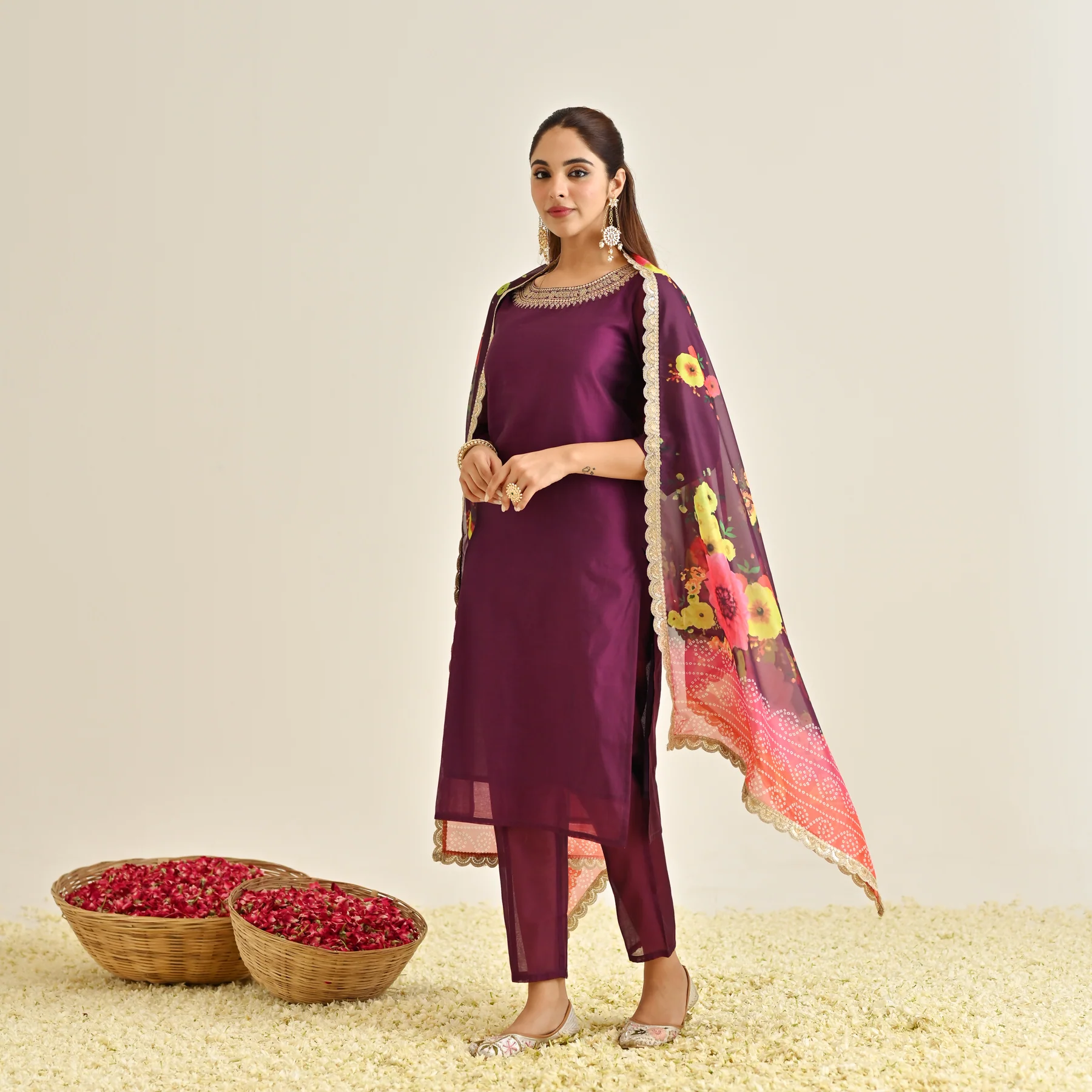 Burgundy Festive Embroidered Kurta Set with Printed Dupatta & Round Yoke Detail - Image 7