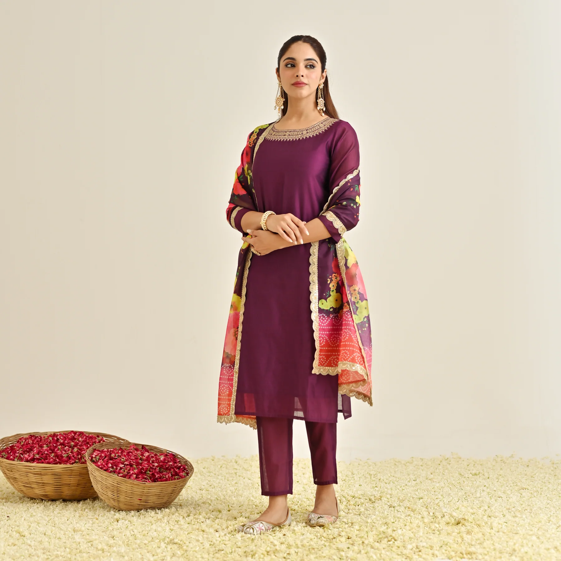 Burgundy Festive Embroidered Kurta Set with Printed Dupatta & Round Yoke Detail - Image 8