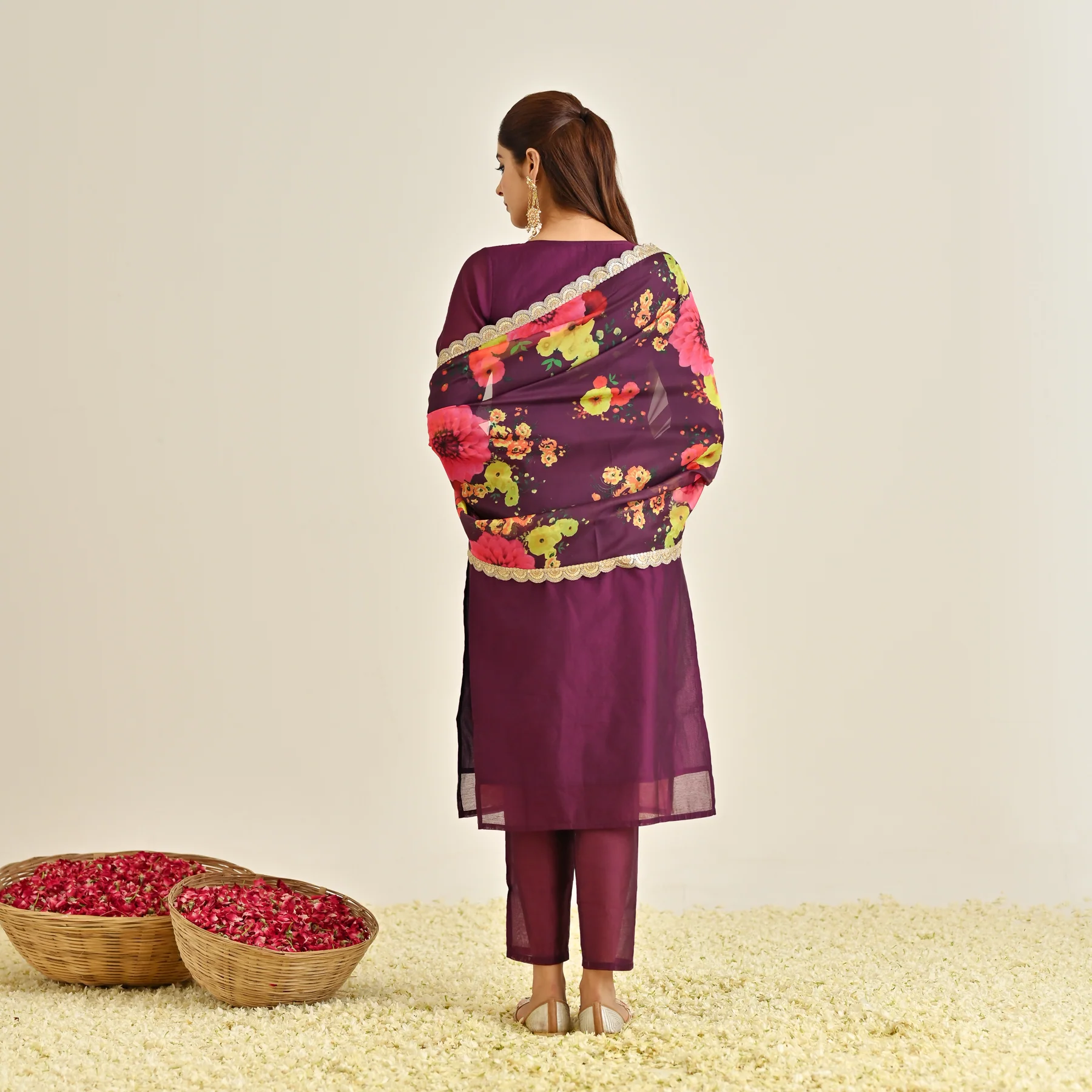 Burgundy Festive Embroidered Kurta Set with Printed Dupatta & Round Yoke Detail - Image 9