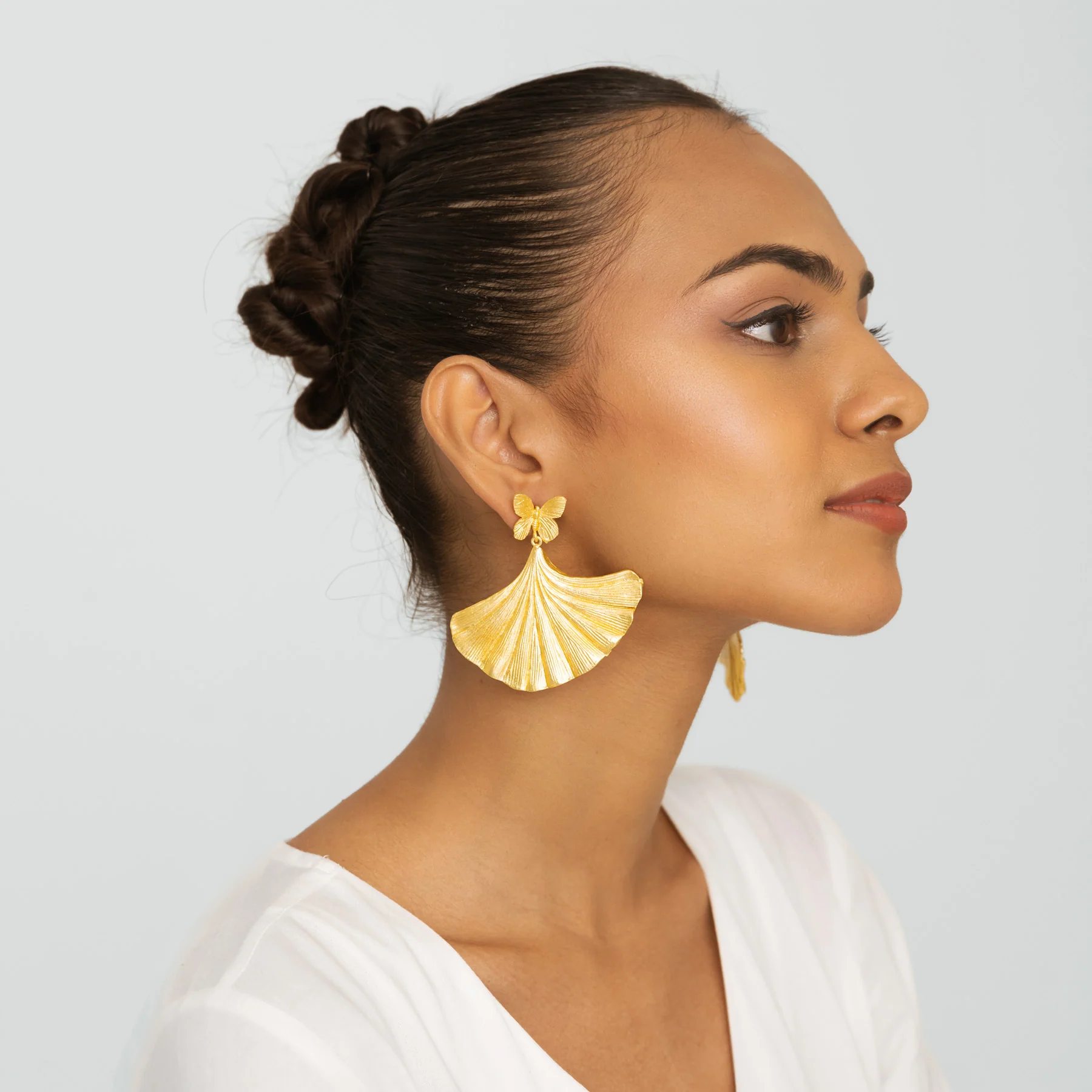 Butterfly & Ginkgo Leaf Earrings - Gold - Image 3