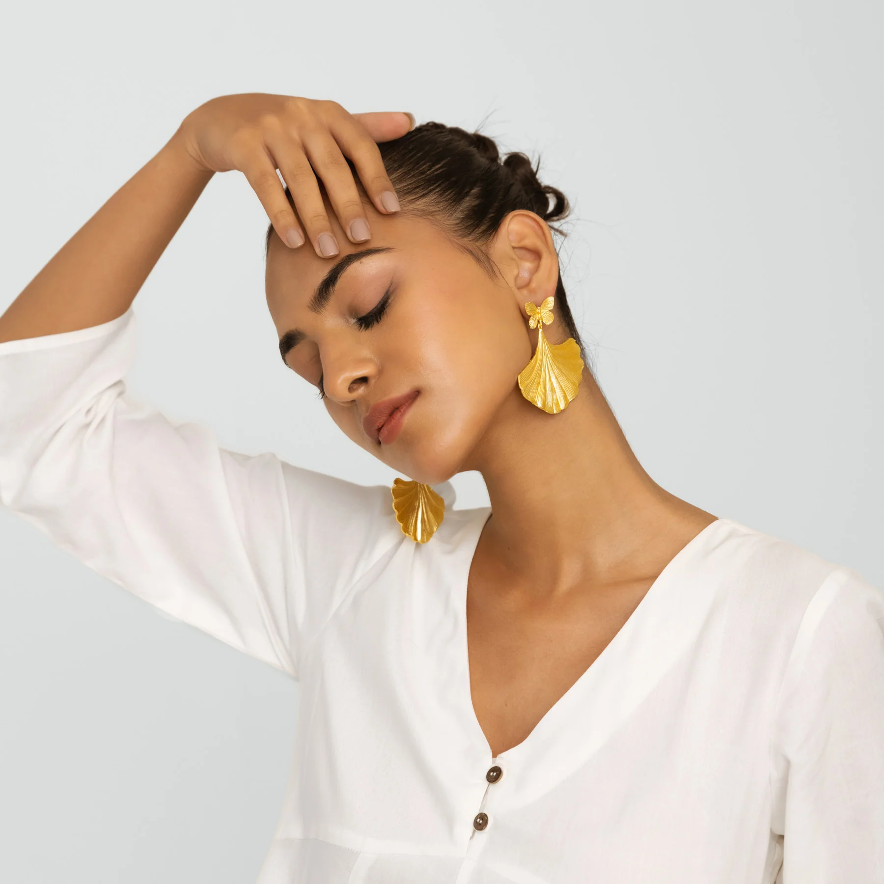 Butterfly & Ginkgo Leaf Earrings - Gold - Image 4
