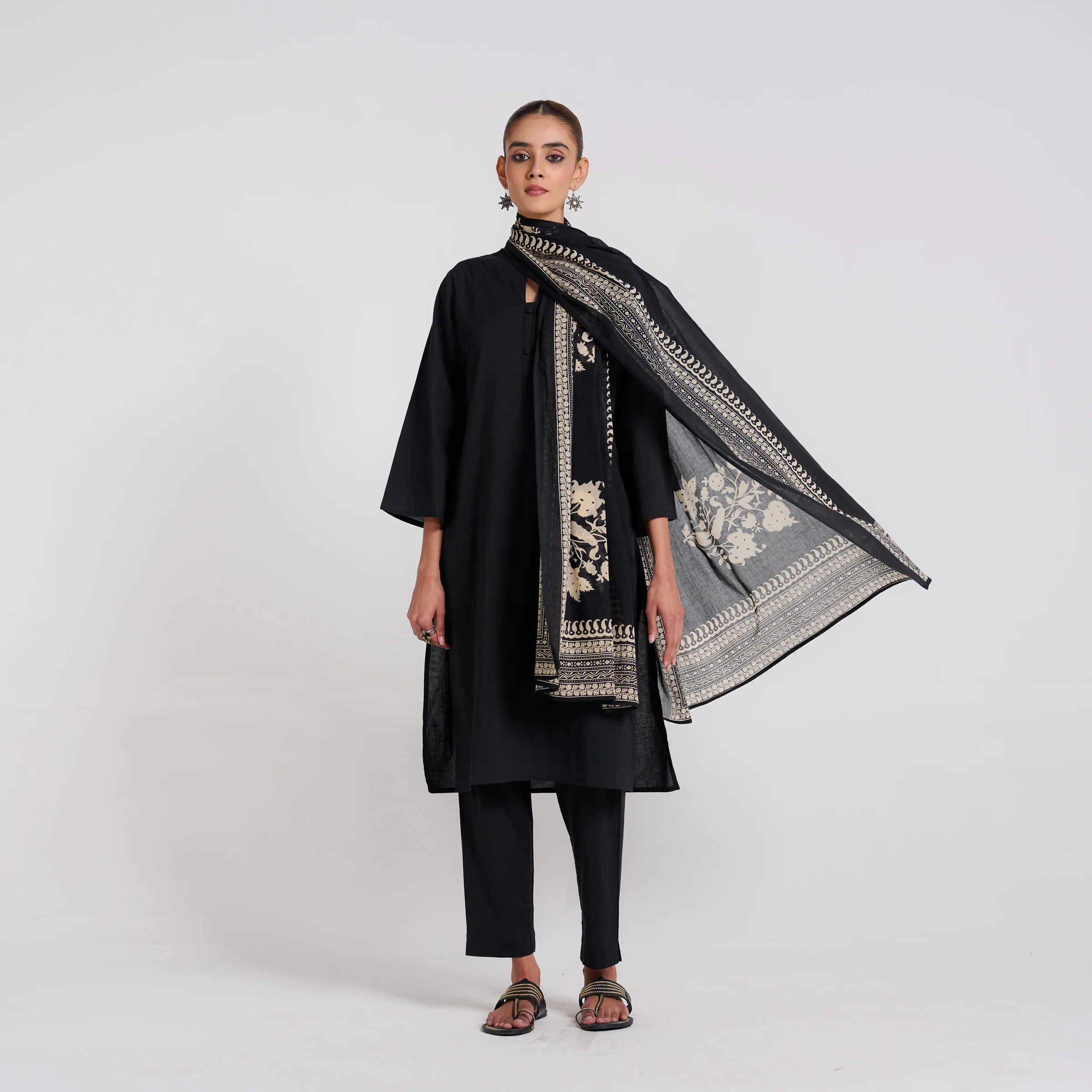 Classic Black Bagh Printed Pure Cotton Kurta Set with Dupatta - Image 5