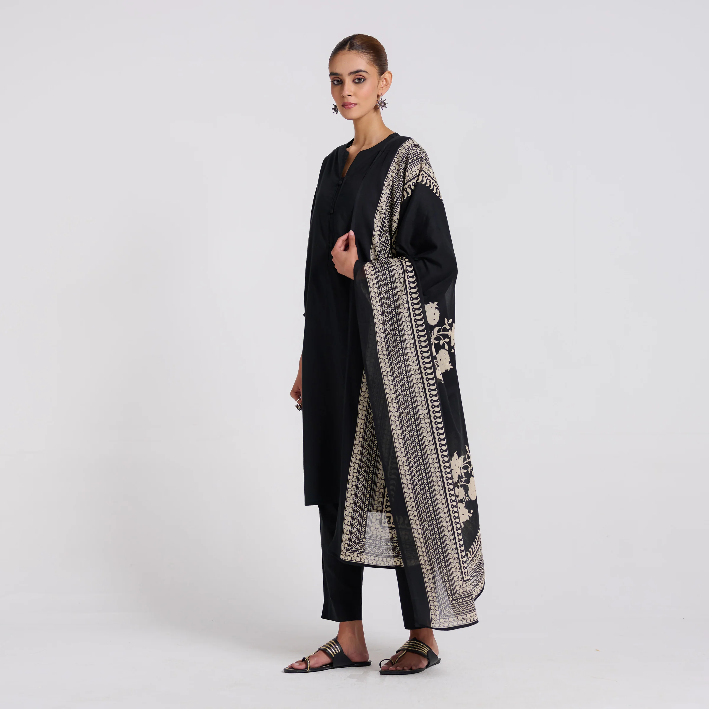 Classic Black Bagh Printed Pure Cotton Kurta Set with Dupatta - Image 7