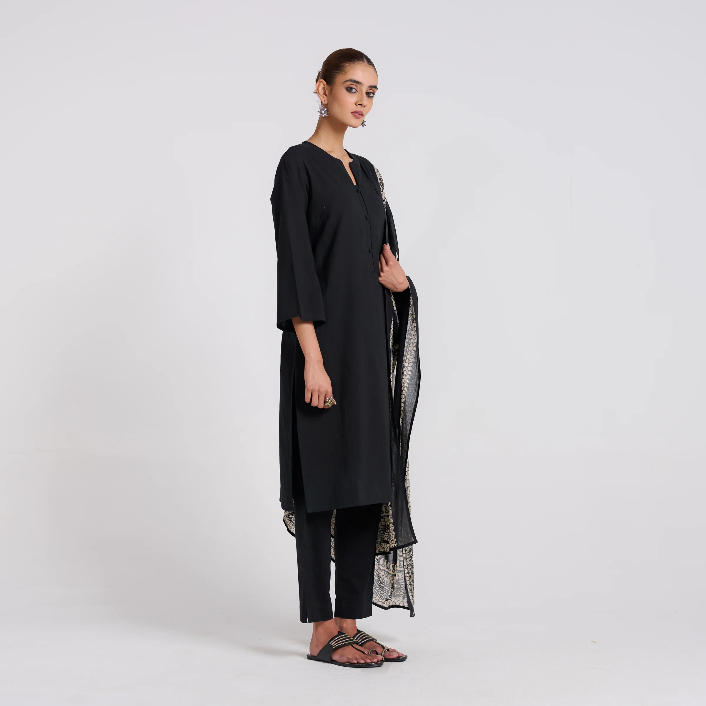 Classic Black Bagh Printed Pure Cotton Kurta Set with Dupatta - Image 8