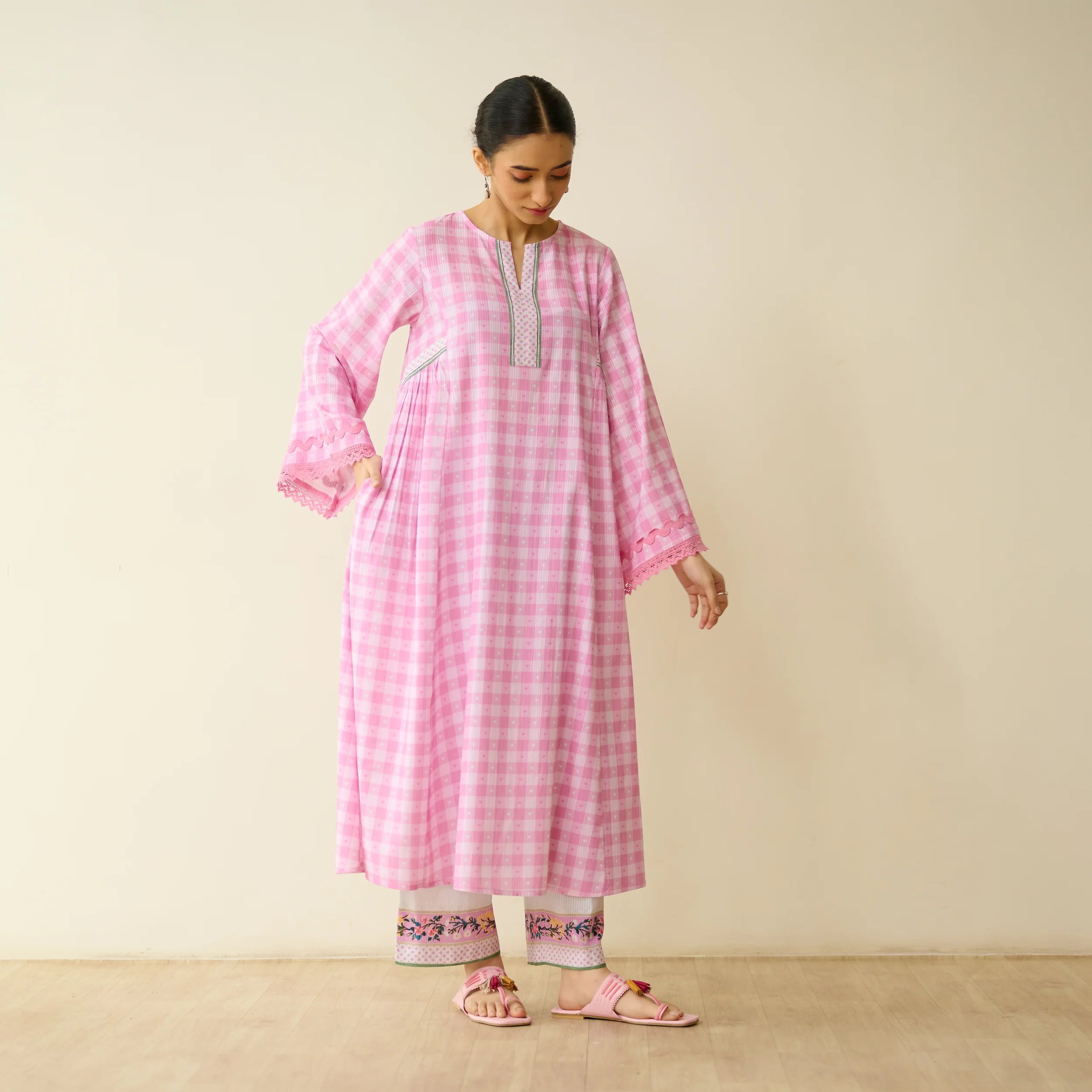 Countryside Seersucker Cotton Kurta Set - Baby Pink - Image 10