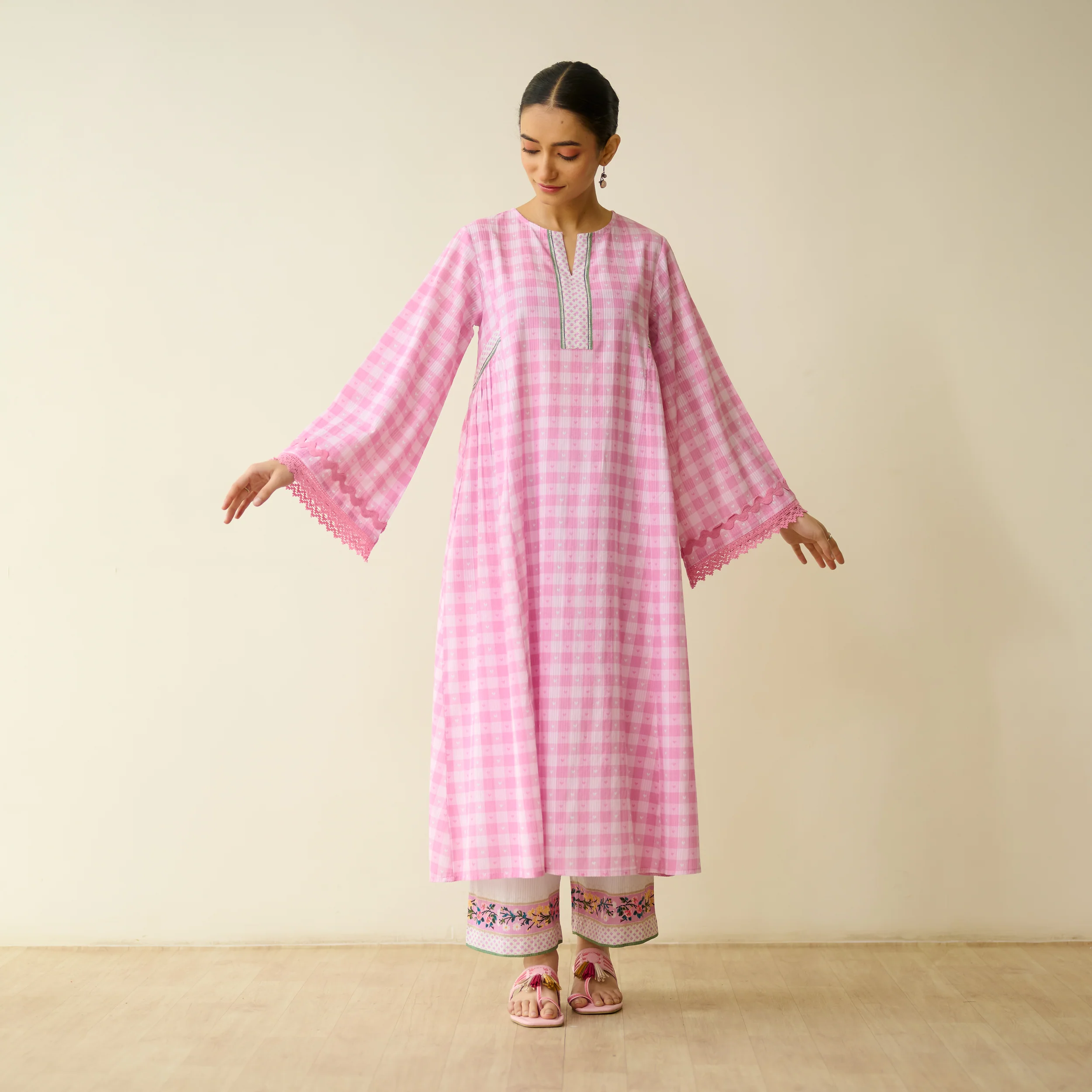 Countryside Seersucker Cotton Kurta Set - Baby Pink - Image 4