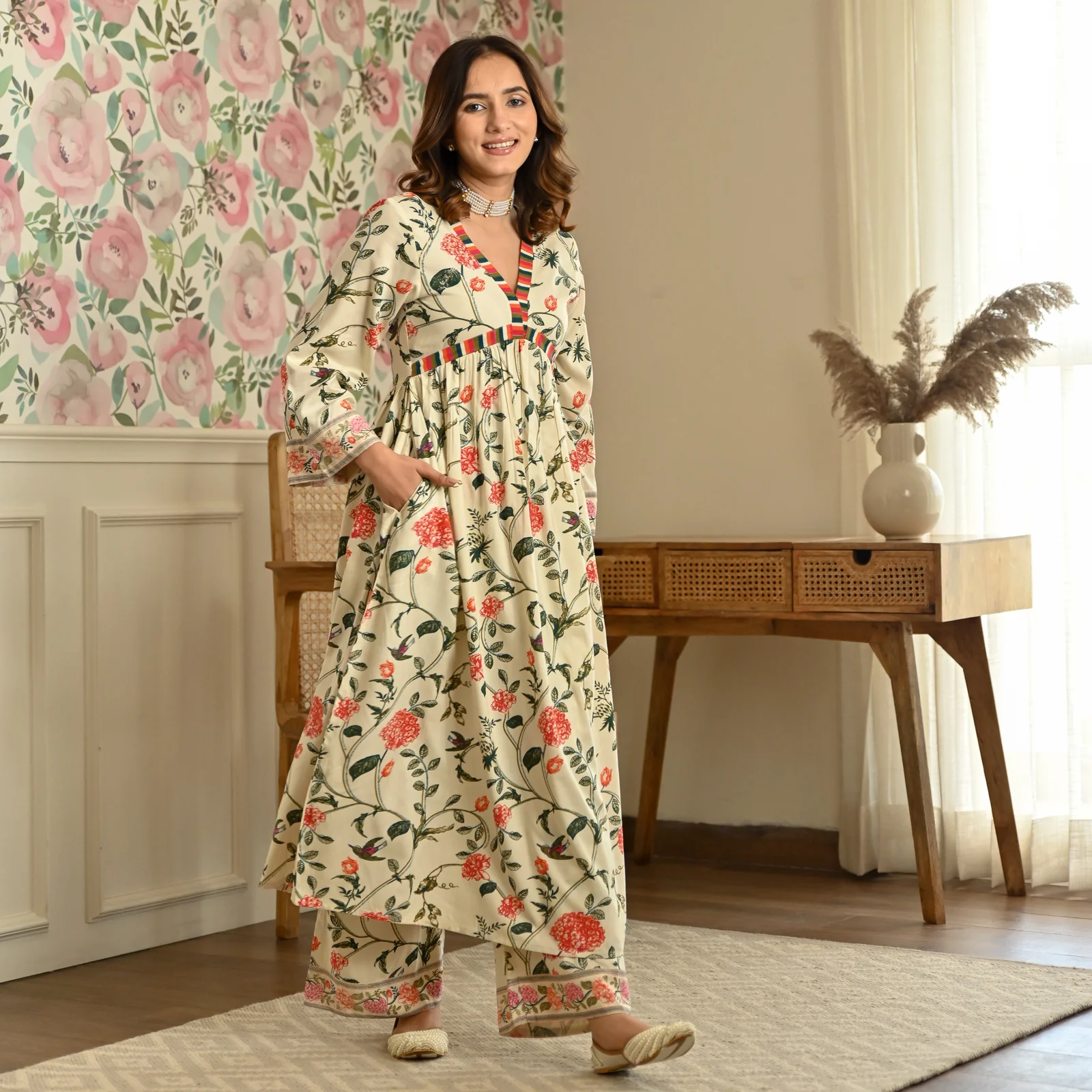 Cream Front Gathered Kurta Pant Co-ord Set - Image 3