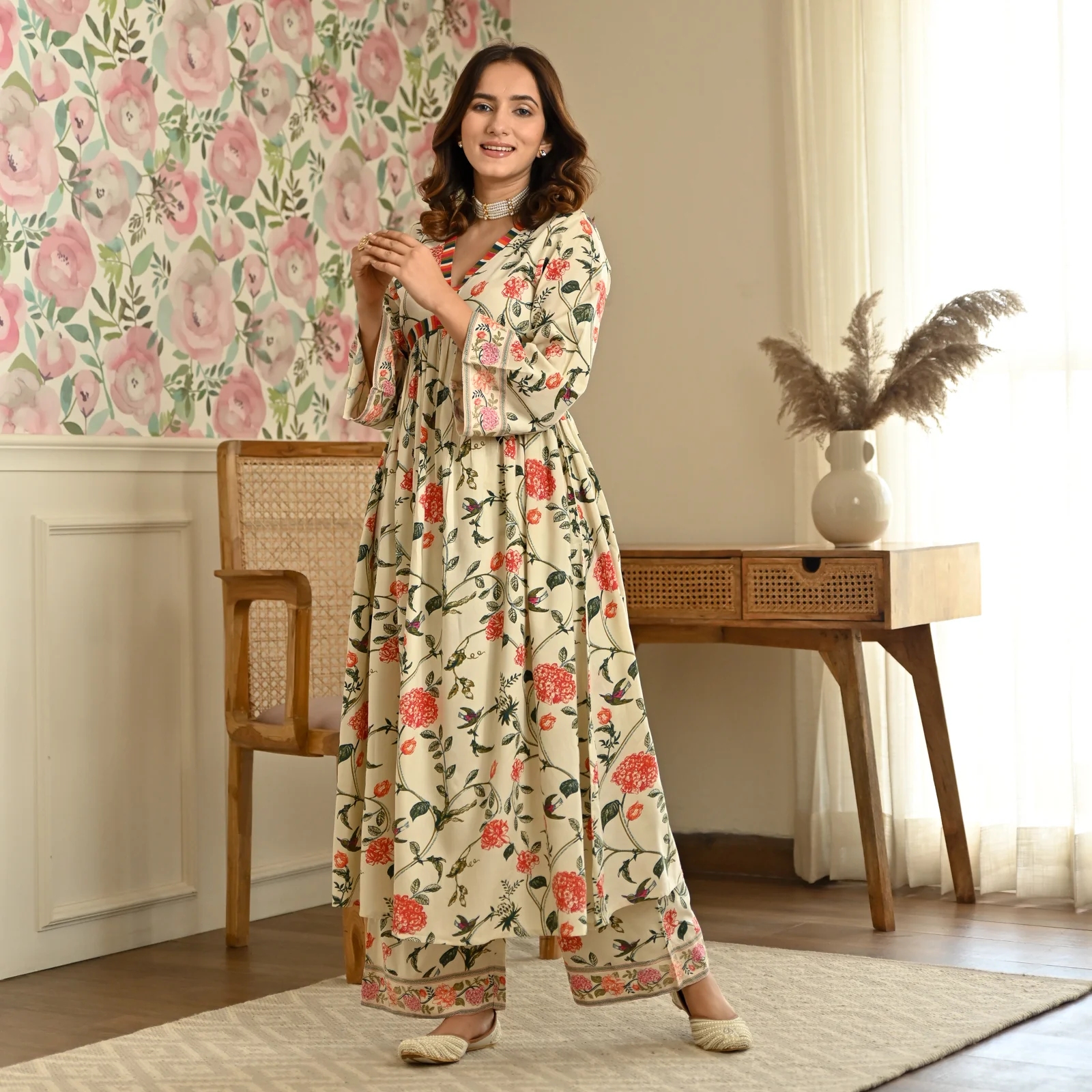 Cream Front Gathered Kurta Pant Co-ord Set - Image 5