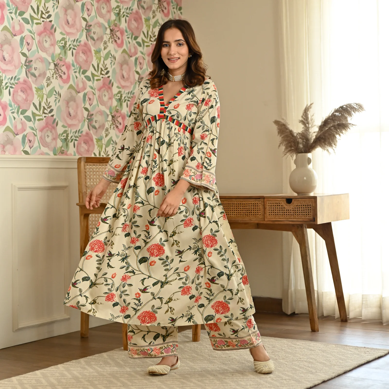 Cream Front Gathered Kurta Pant Co-ord Set - Image 6