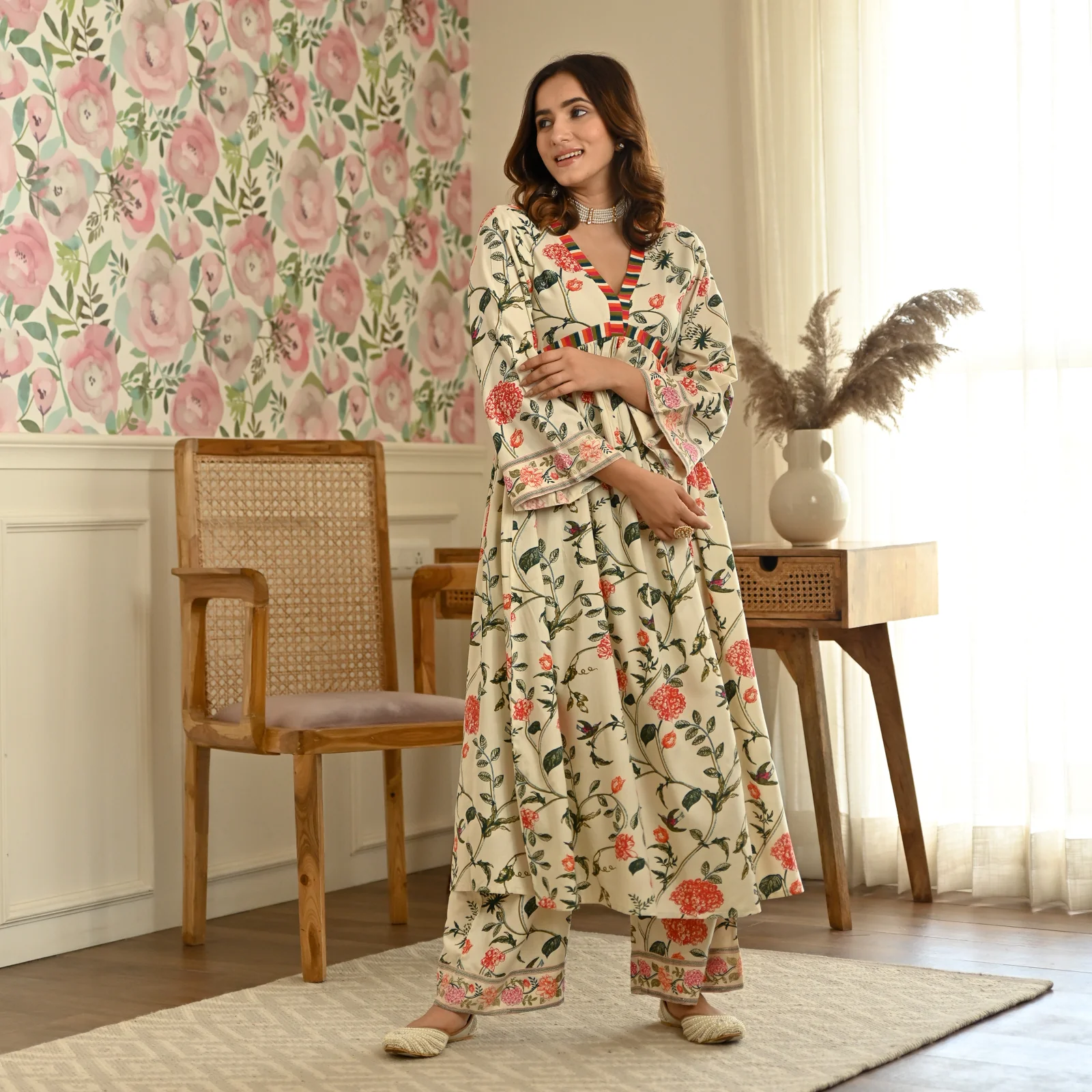 Cream Front Gathered Kurta Pant Co-ord Set - Image 7