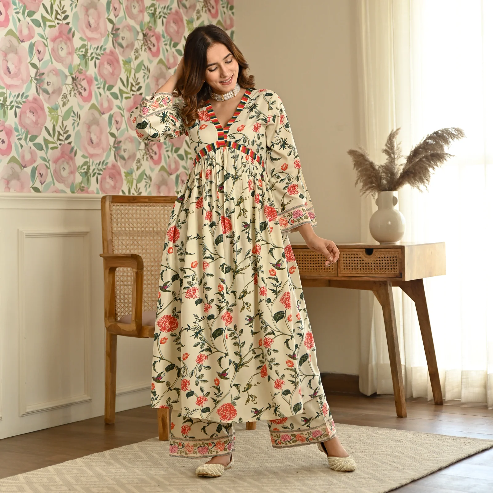 Cream Front Gathered Kurta Pant Co-ord Set - Image 9