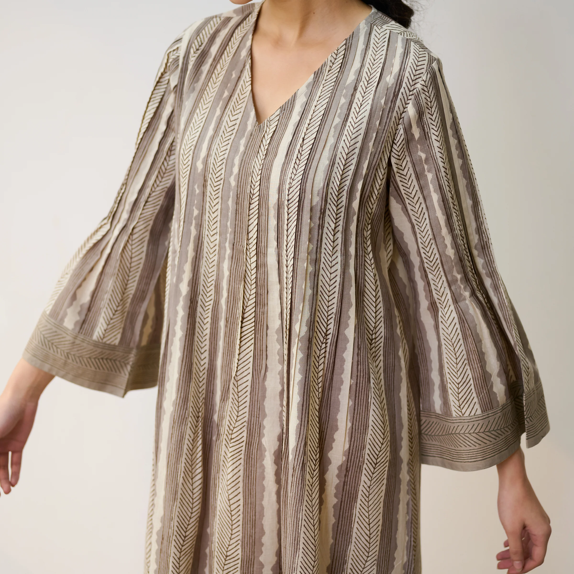 Dabu Inspired Grey Cotton A-line Dress with Pintuck Detail - Image 2