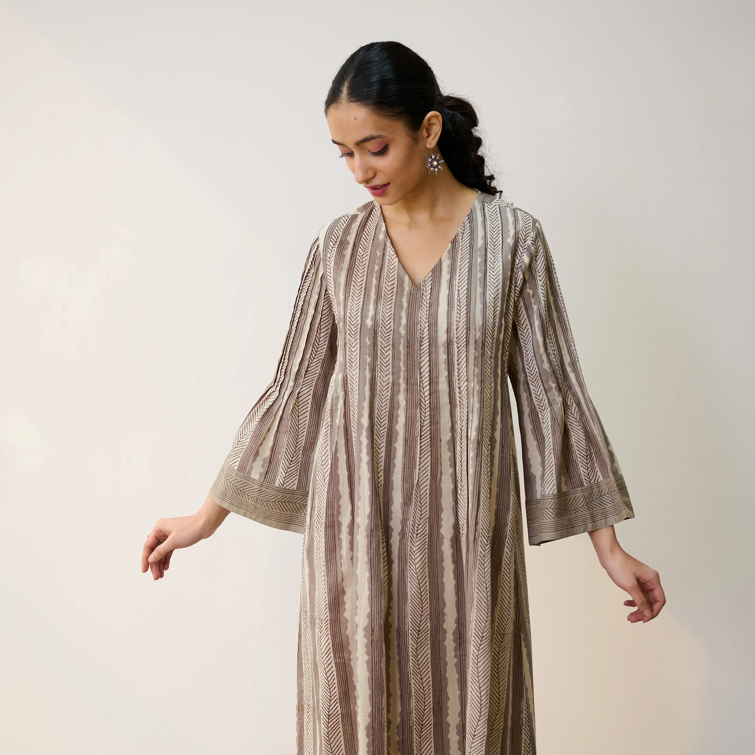 Dabu Inspired Grey Cotton A-line Dress with Pintuck Detail - Image 3