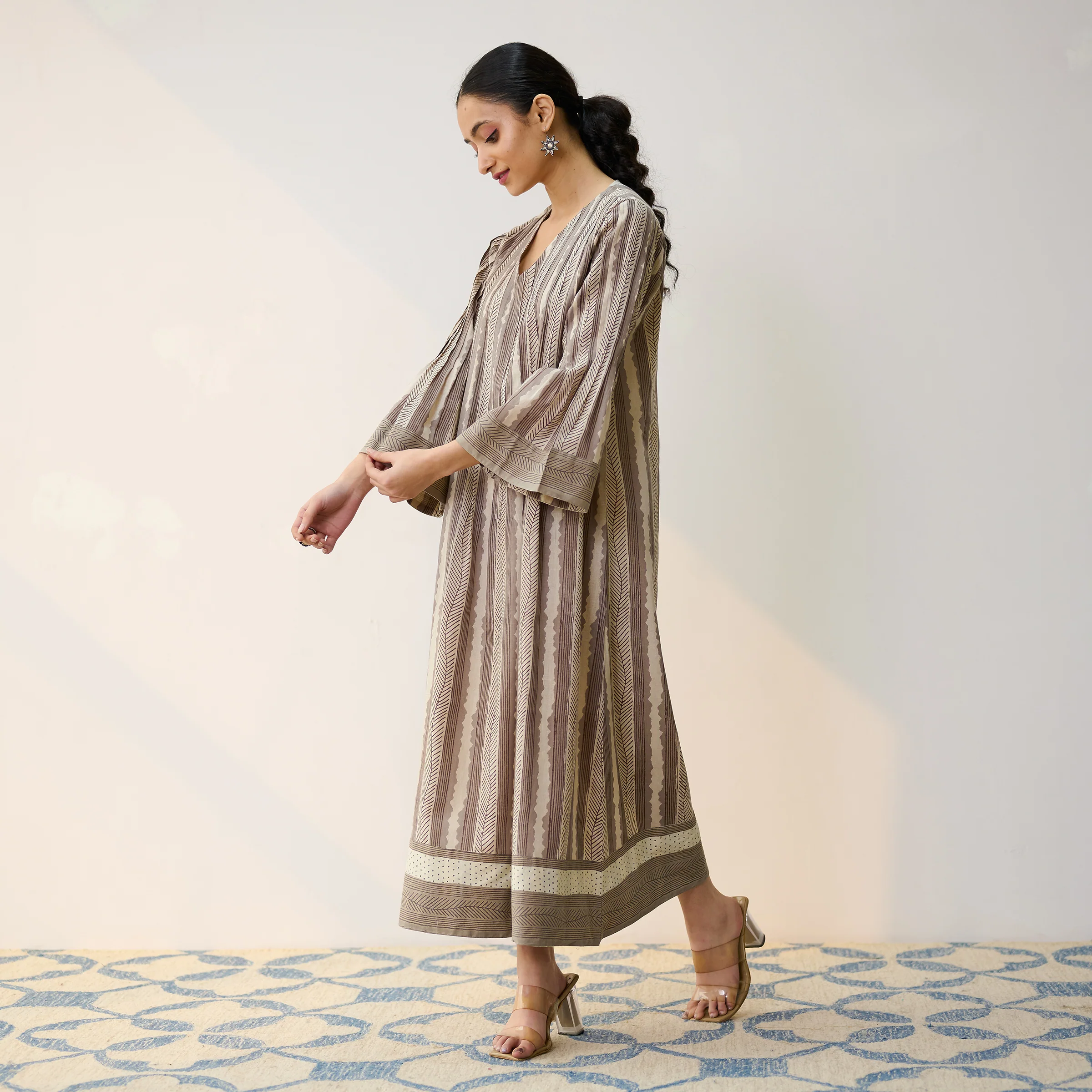 Dabu Inspired Grey Cotton A-line Dress with Pintuck Detail - Image 4