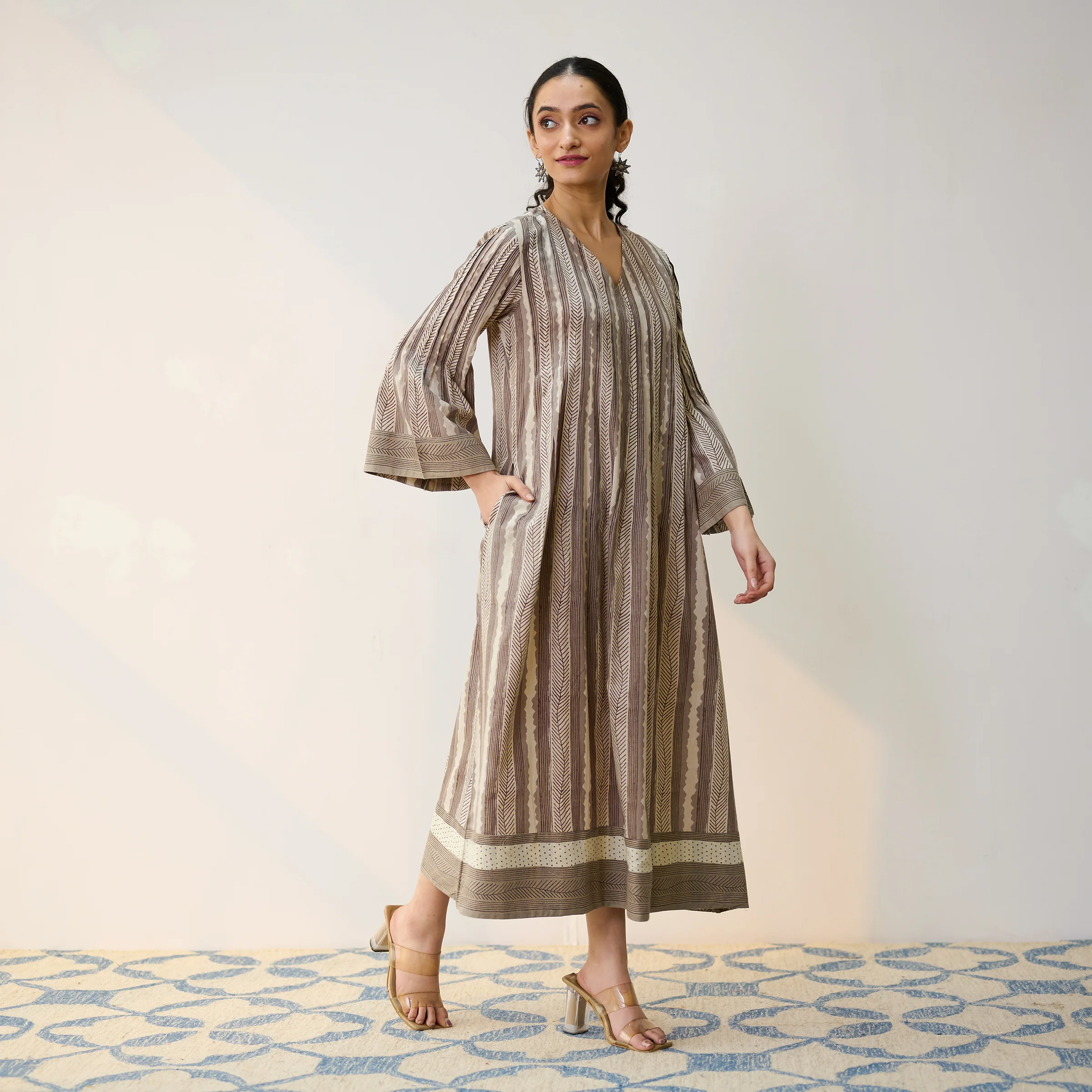 Dabu Inspired Grey Cotton A-line Dress with Pintuck Detail - Image 5