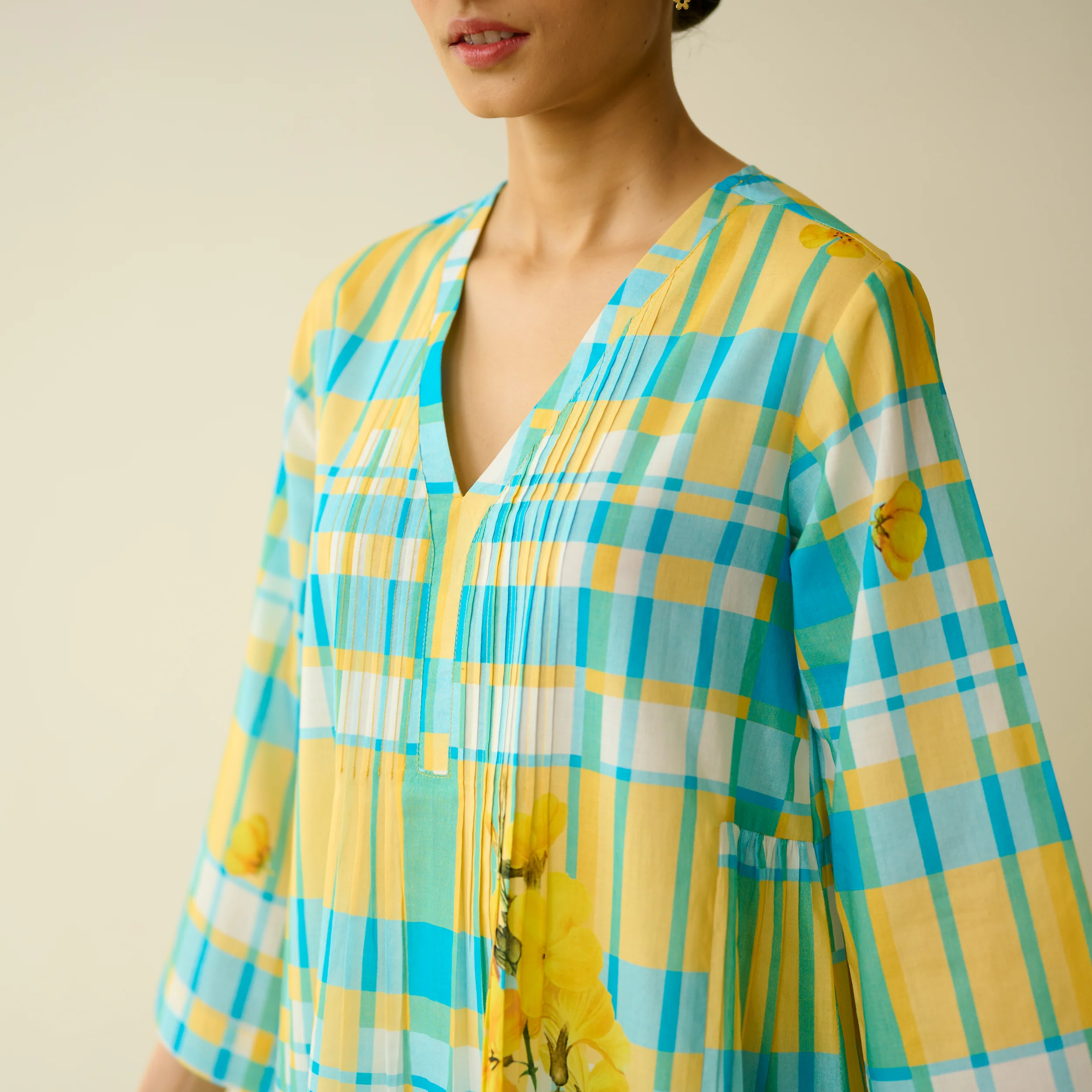 Daffodil Mulmul Cotton Kurta - Blue and Yellow - Image 3