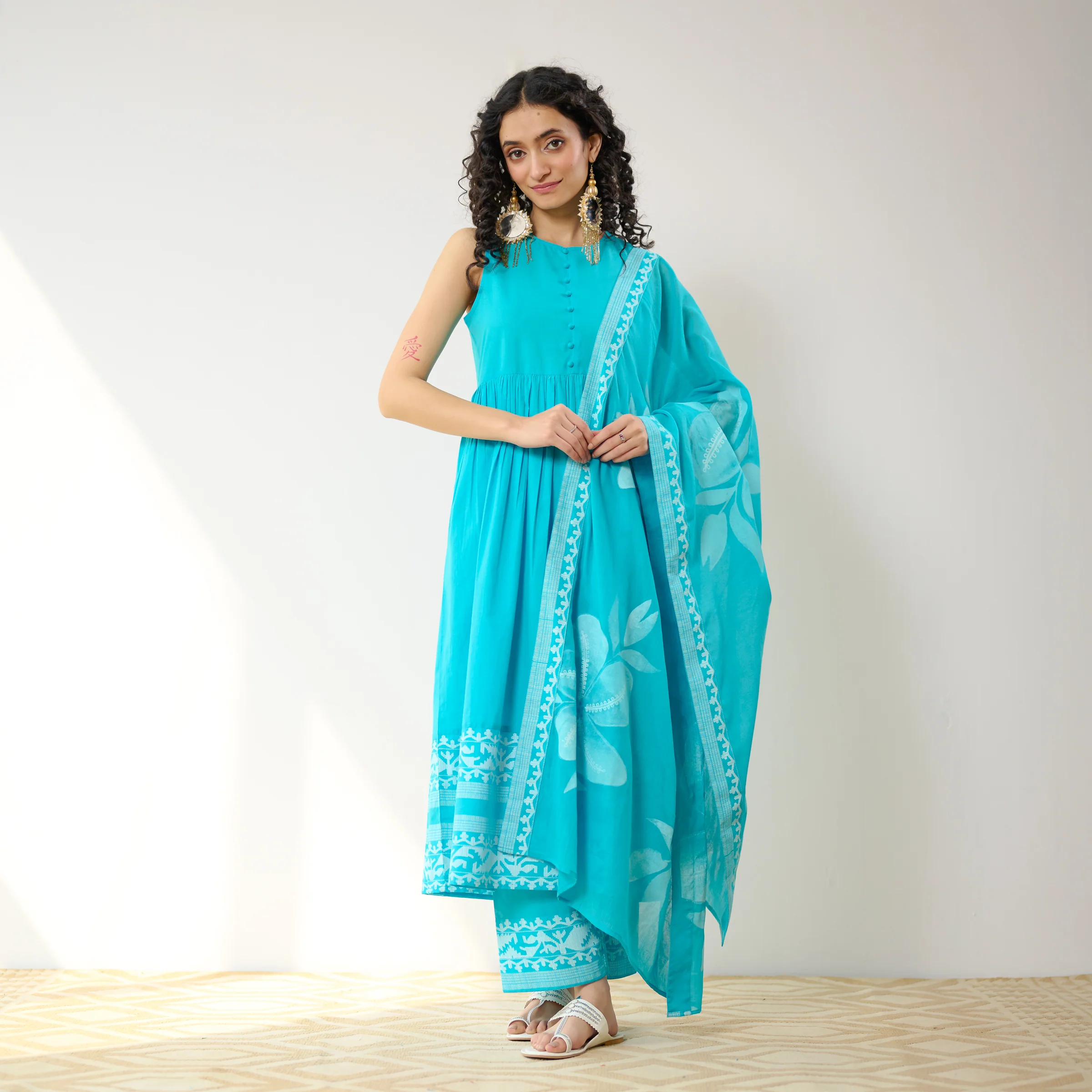 Daisy Cotton Kurta Set with Dupatta - Aqua Blue - Image 3