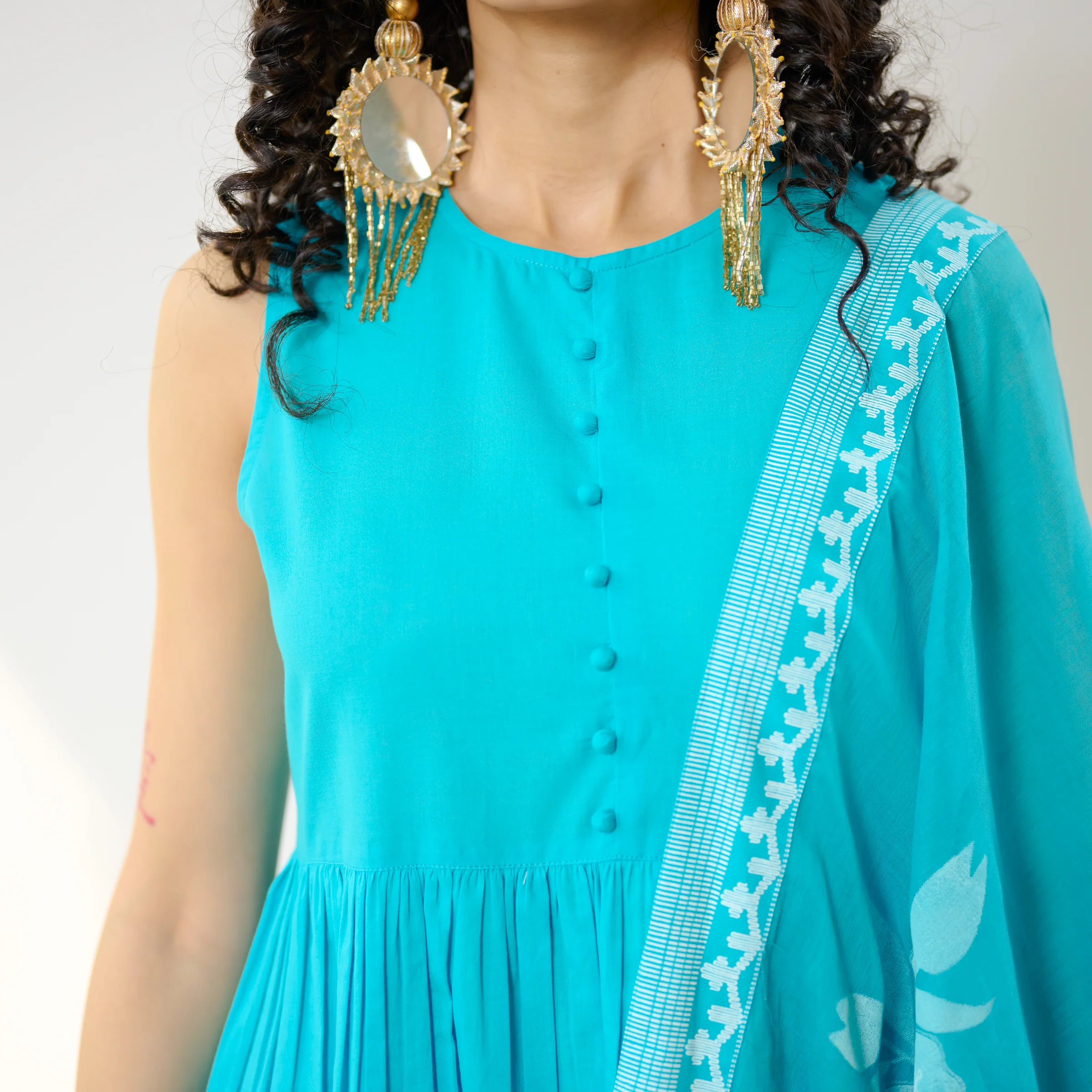 Daisy Cotton Kurta Set with Dupatta - Aqua Blue - Image 4