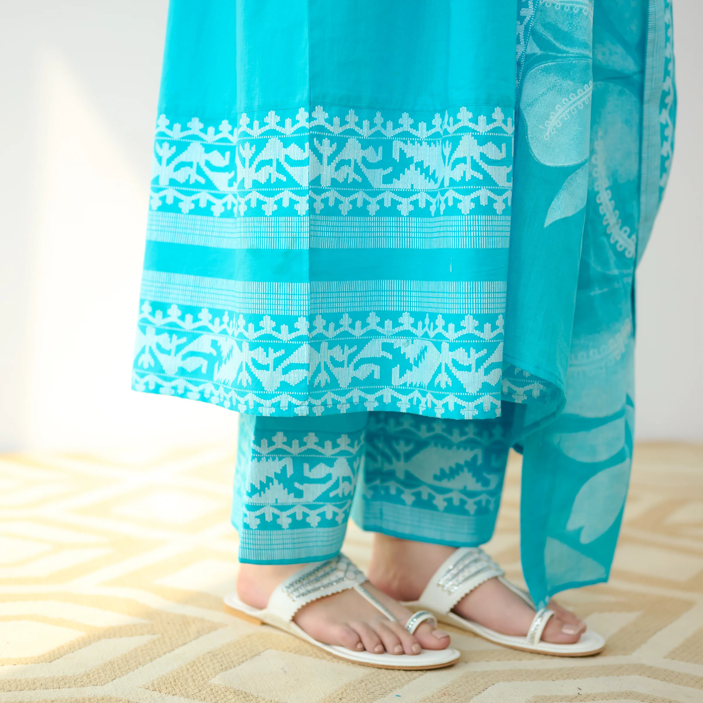 Daisy Cotton Kurta Set with Dupatta - Aqua Blue - Image 5