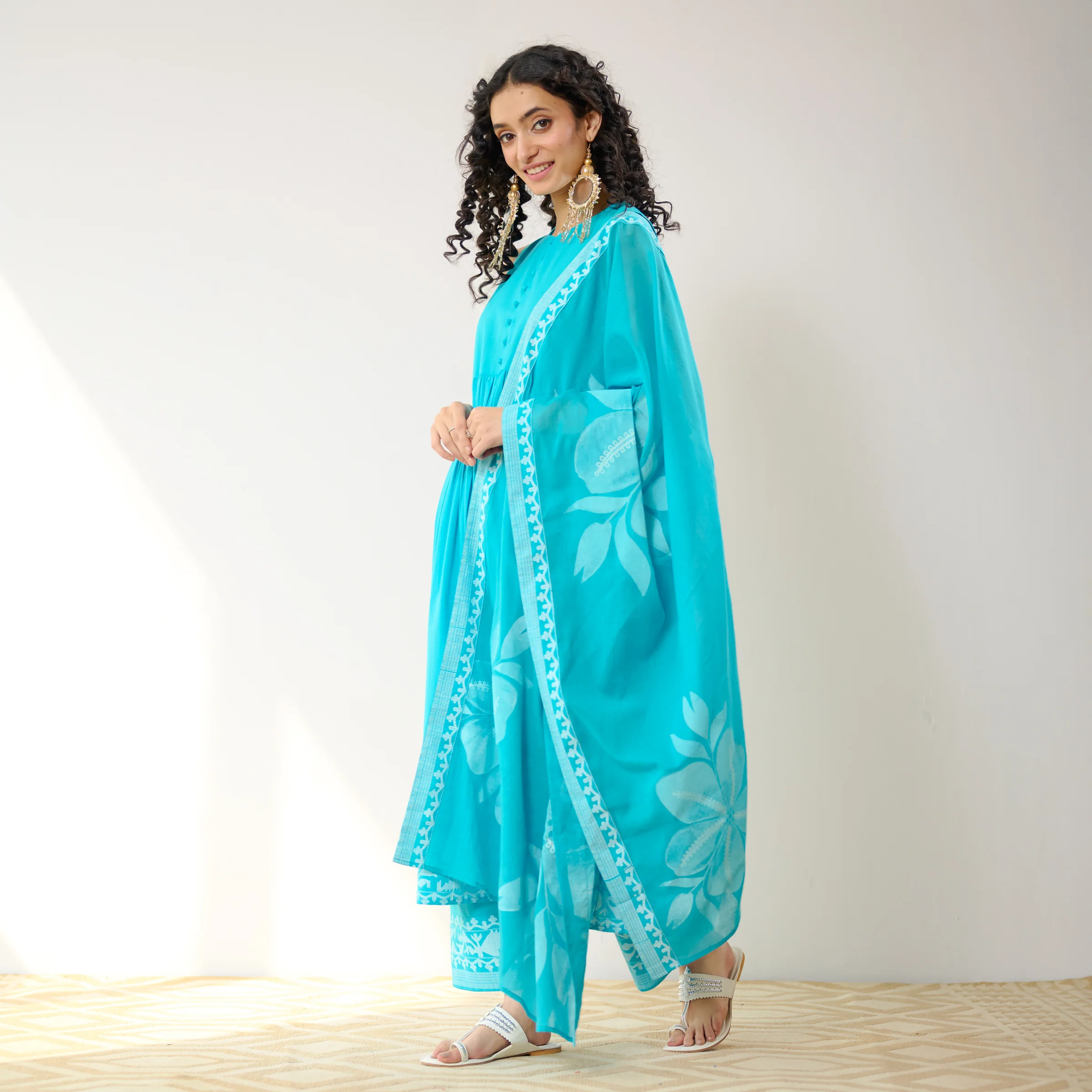Daisy Cotton Kurta Set with Dupatta - Aqua Blue - Image 6
