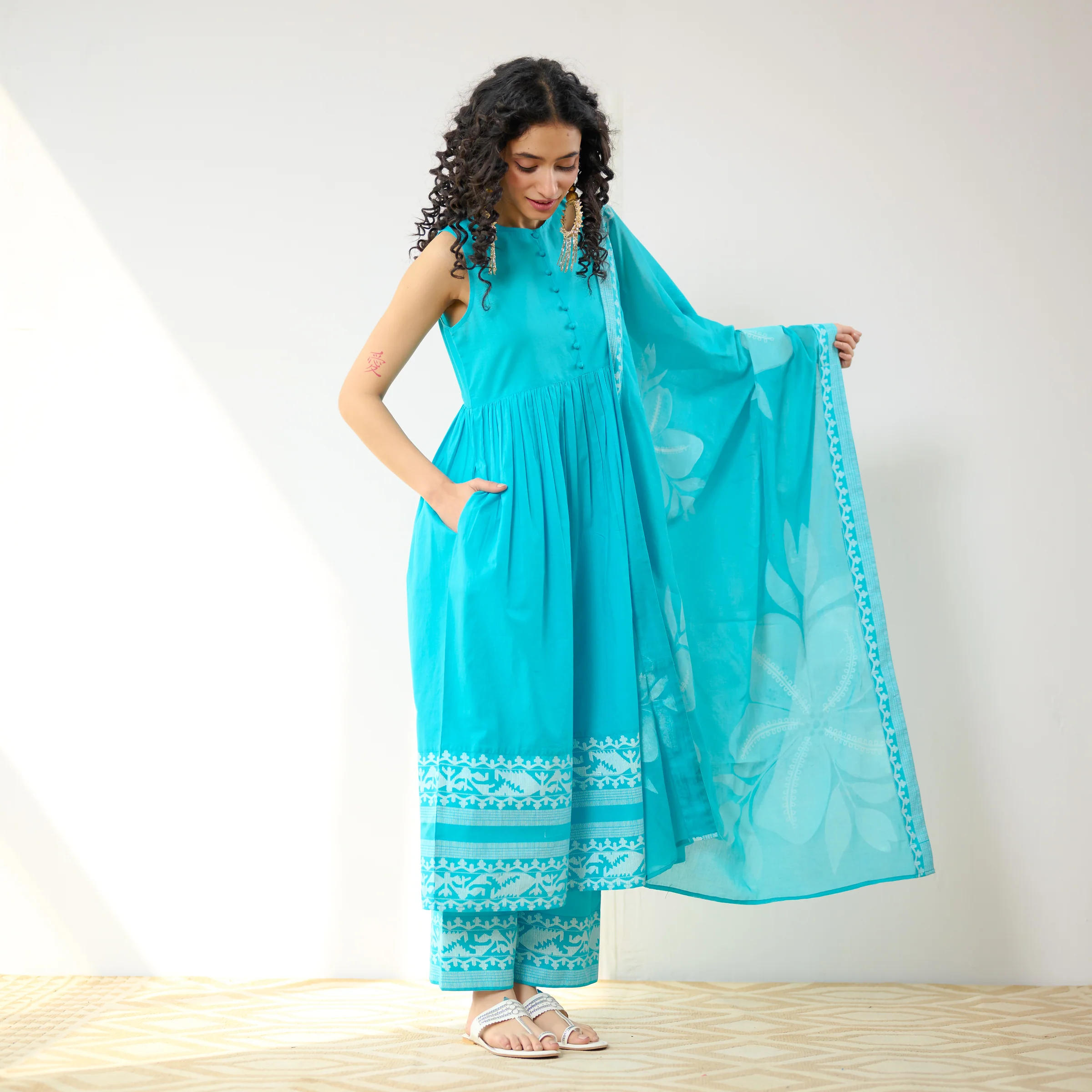 Daisy Cotton Kurta Set with Dupatta - Aqua Blue - Image 7