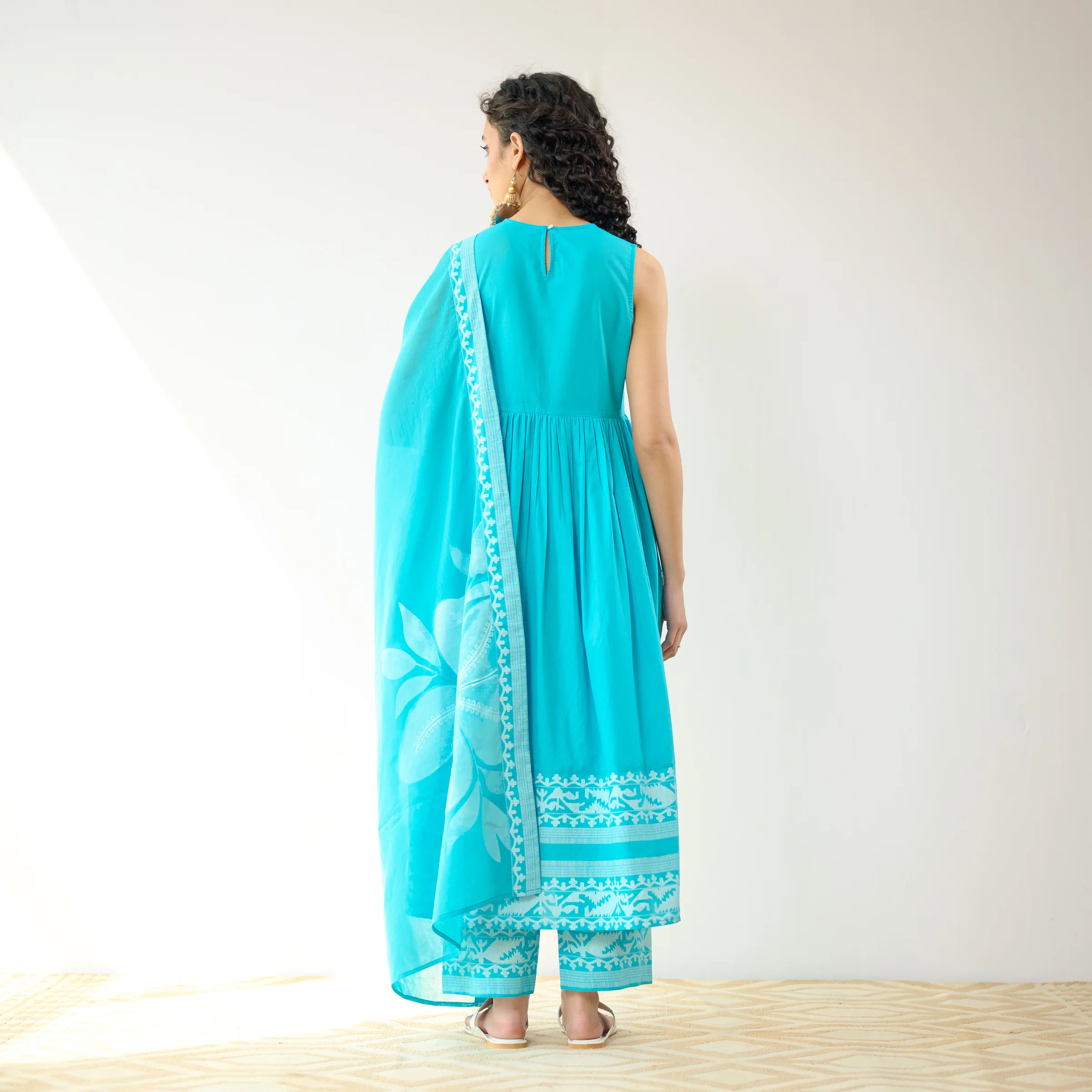 Daisy Cotton Kurta Set with Dupatta - Aqua Blue - Image 8