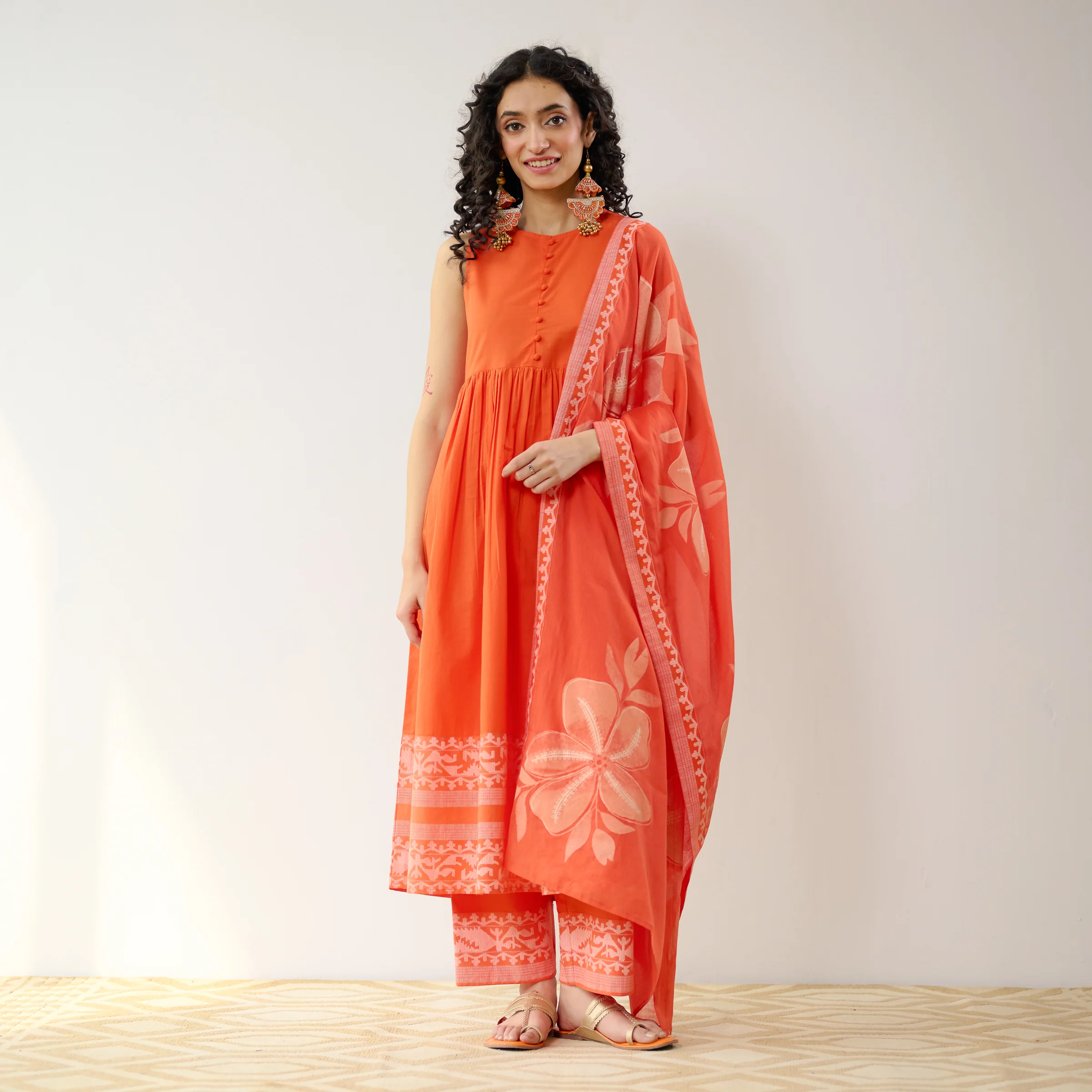 Daisy Cotton Kurta Set with Dupatta - Orange - Image 2