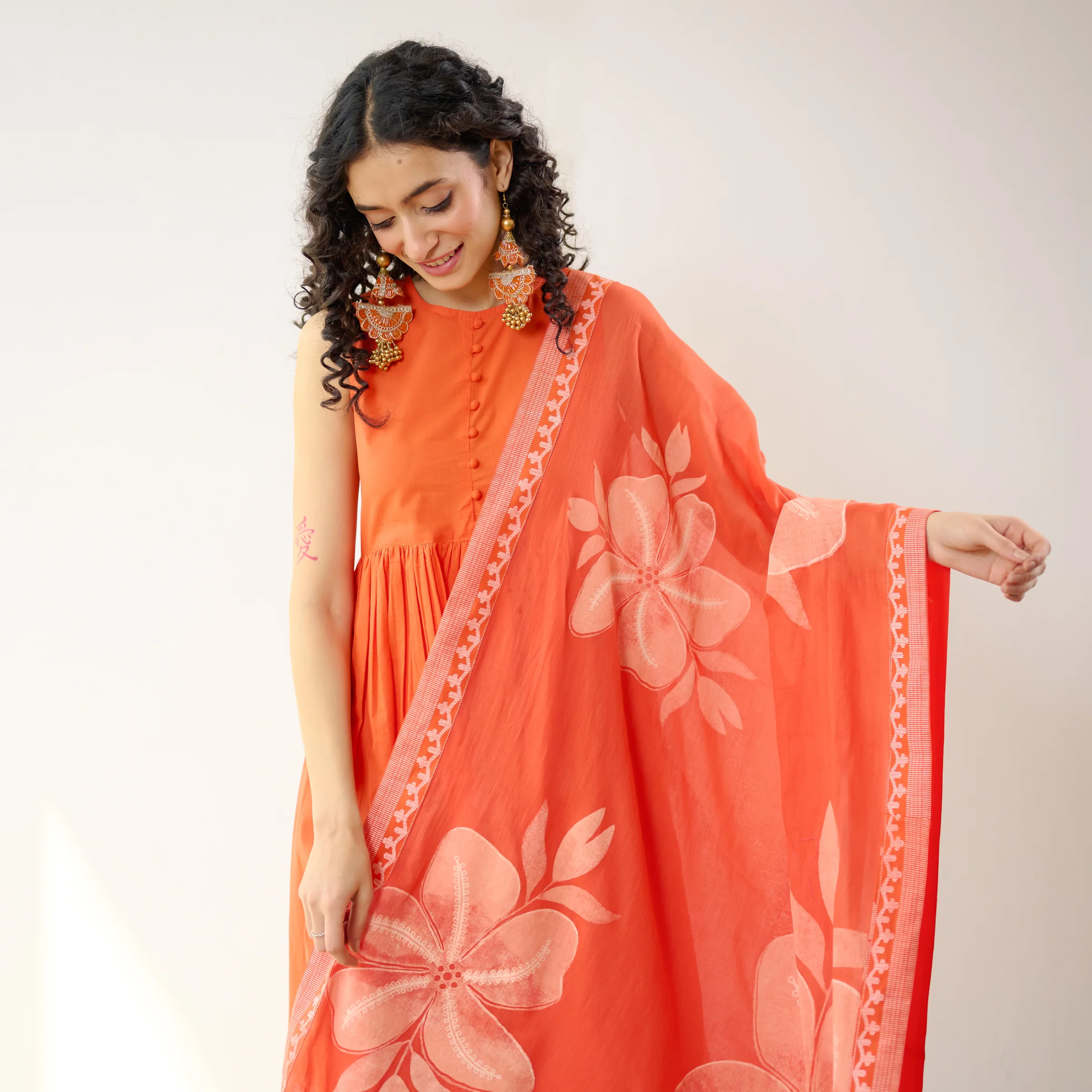 Daisy Cotton Kurta Set with Dupatta - Orange - Image 3