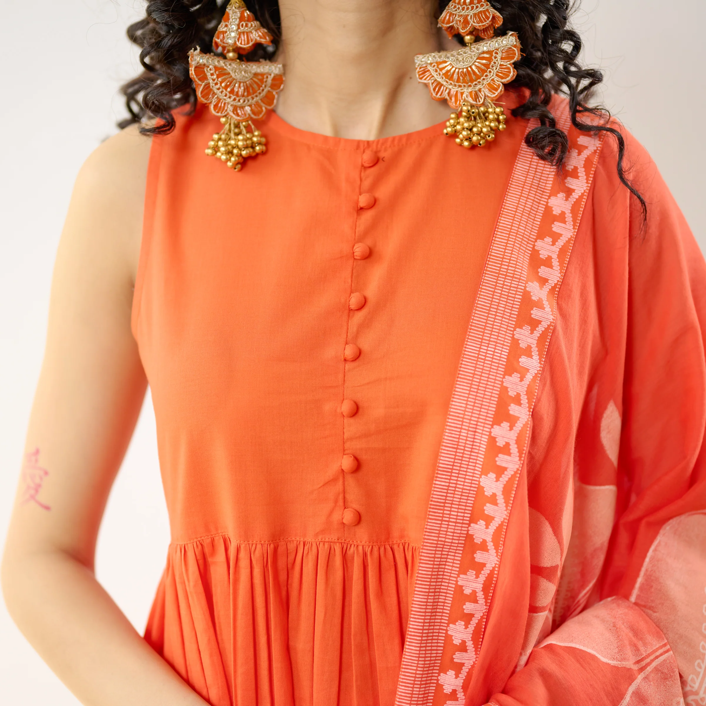 Daisy Cotton Kurta Set with Dupatta - Orange - Image 4